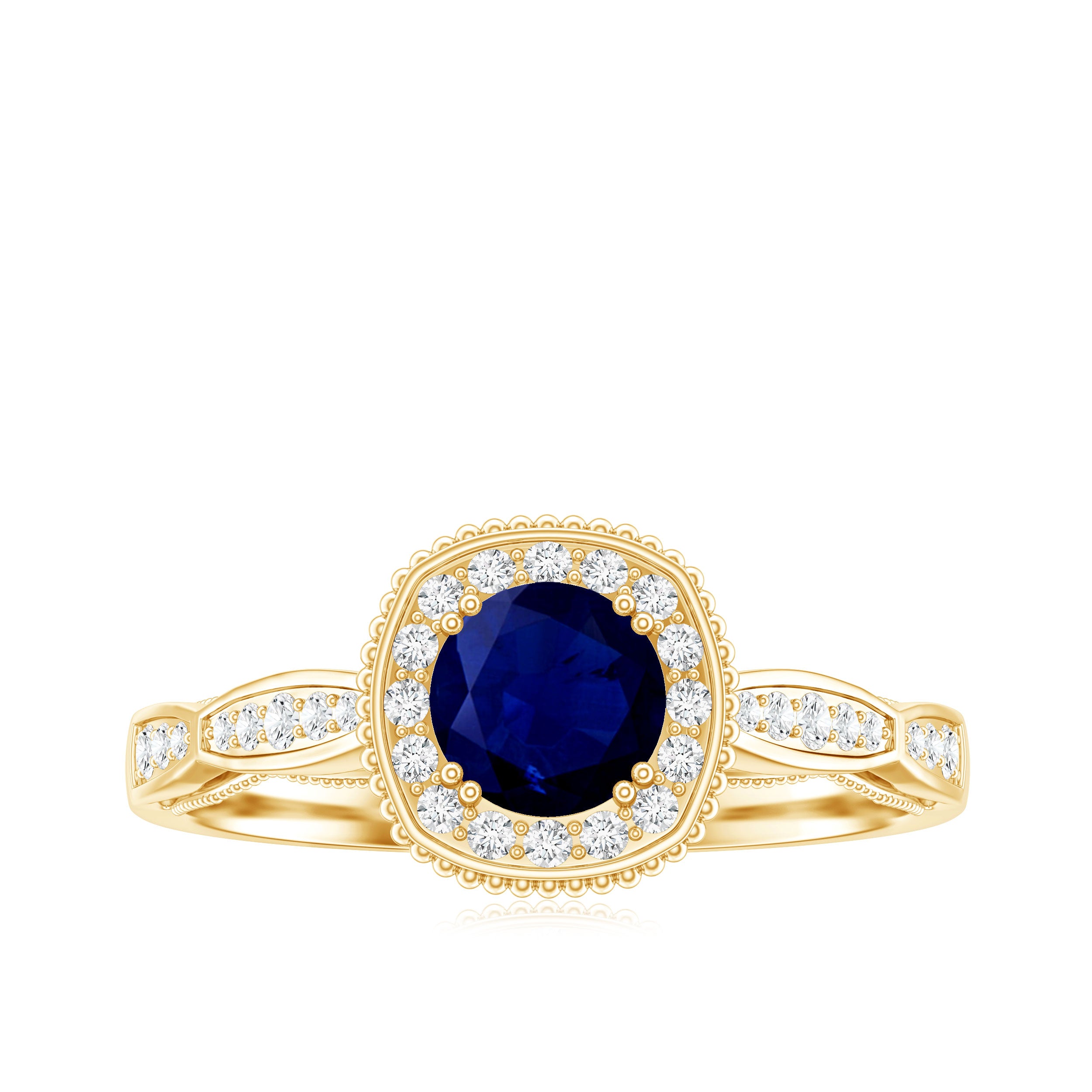 Round 0.9 Carat Blue Sapphire Antique Engagement Ring with Diamond Halo AAA - Rosec Jewels