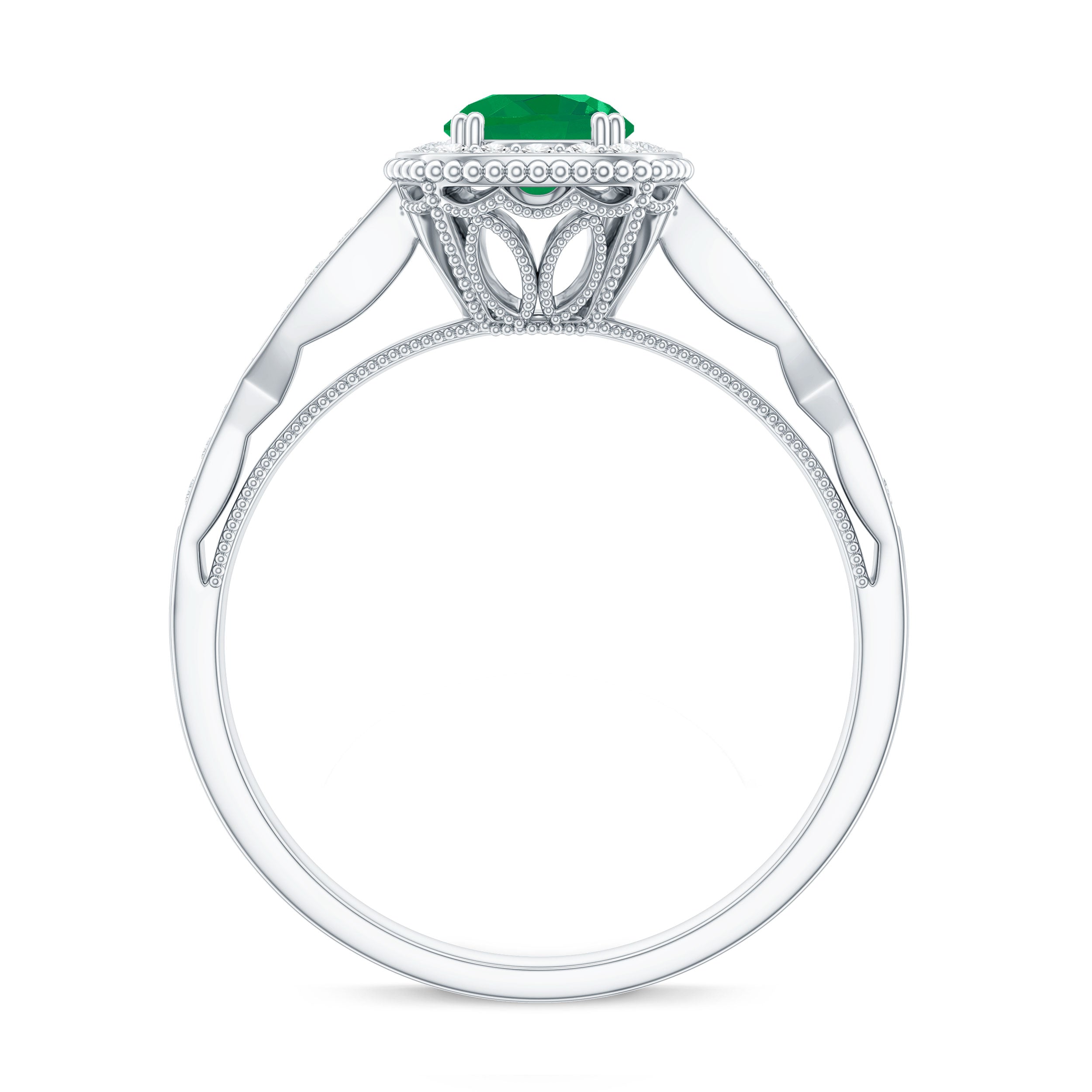 Emerald Vintage Looking Engagement Ring with Diamond Halo AAA - Rosec Jewels
