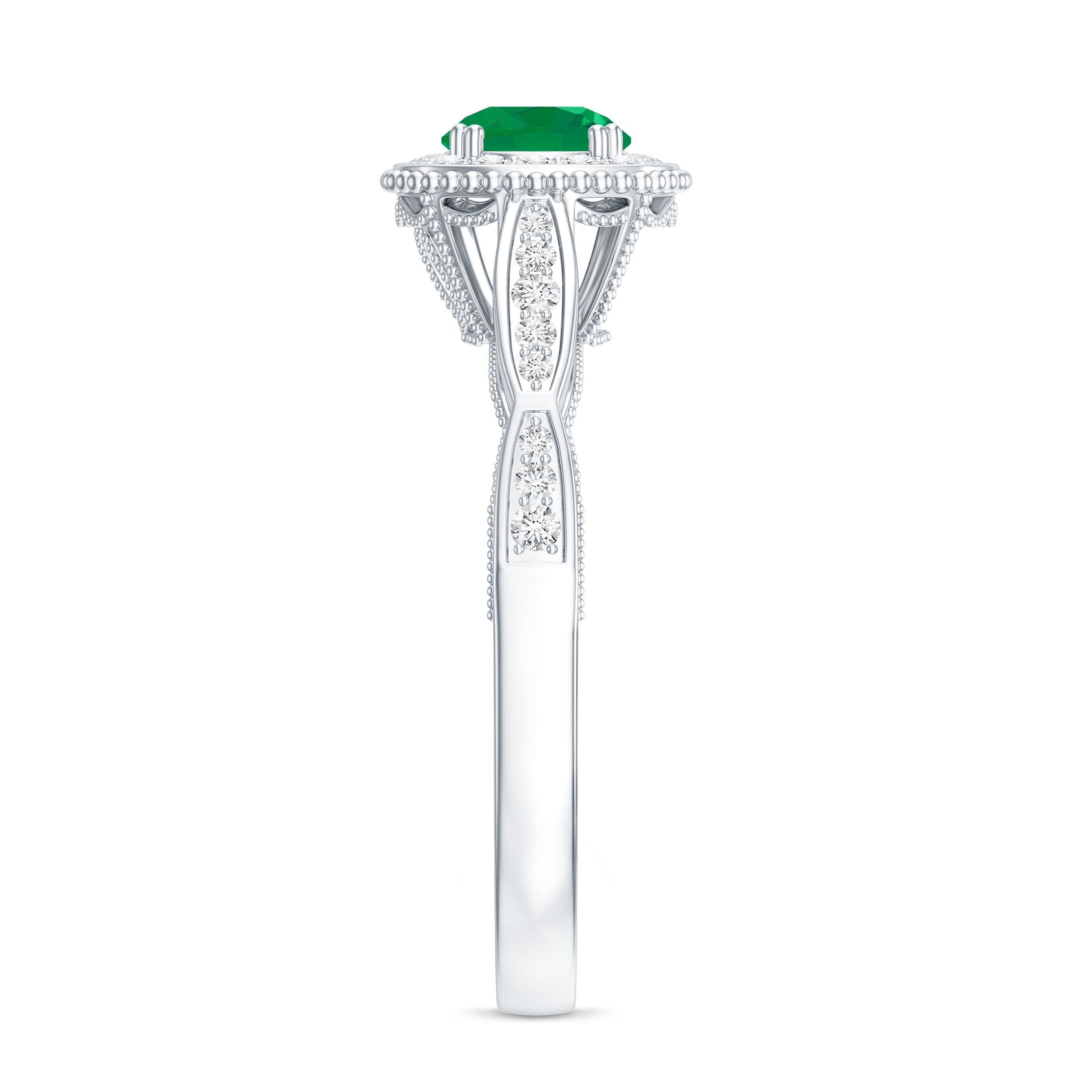 Emerald Vintage Looking Engagement Ring with Diamond Halo AAA - Rosec Jewels