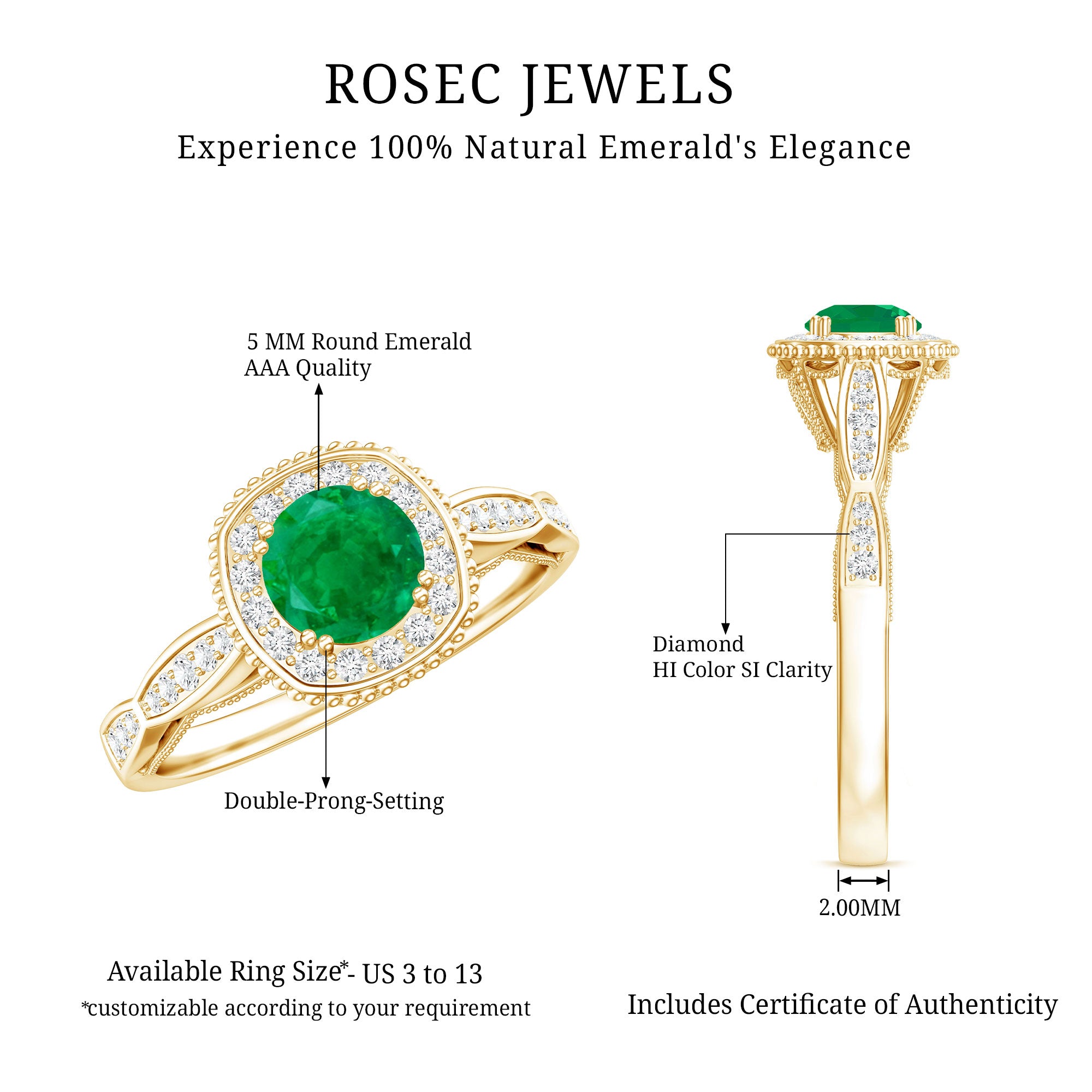 Emerald Vintage Looking Engagement Ring with Diamond Halo AAA - Rosec Jewels