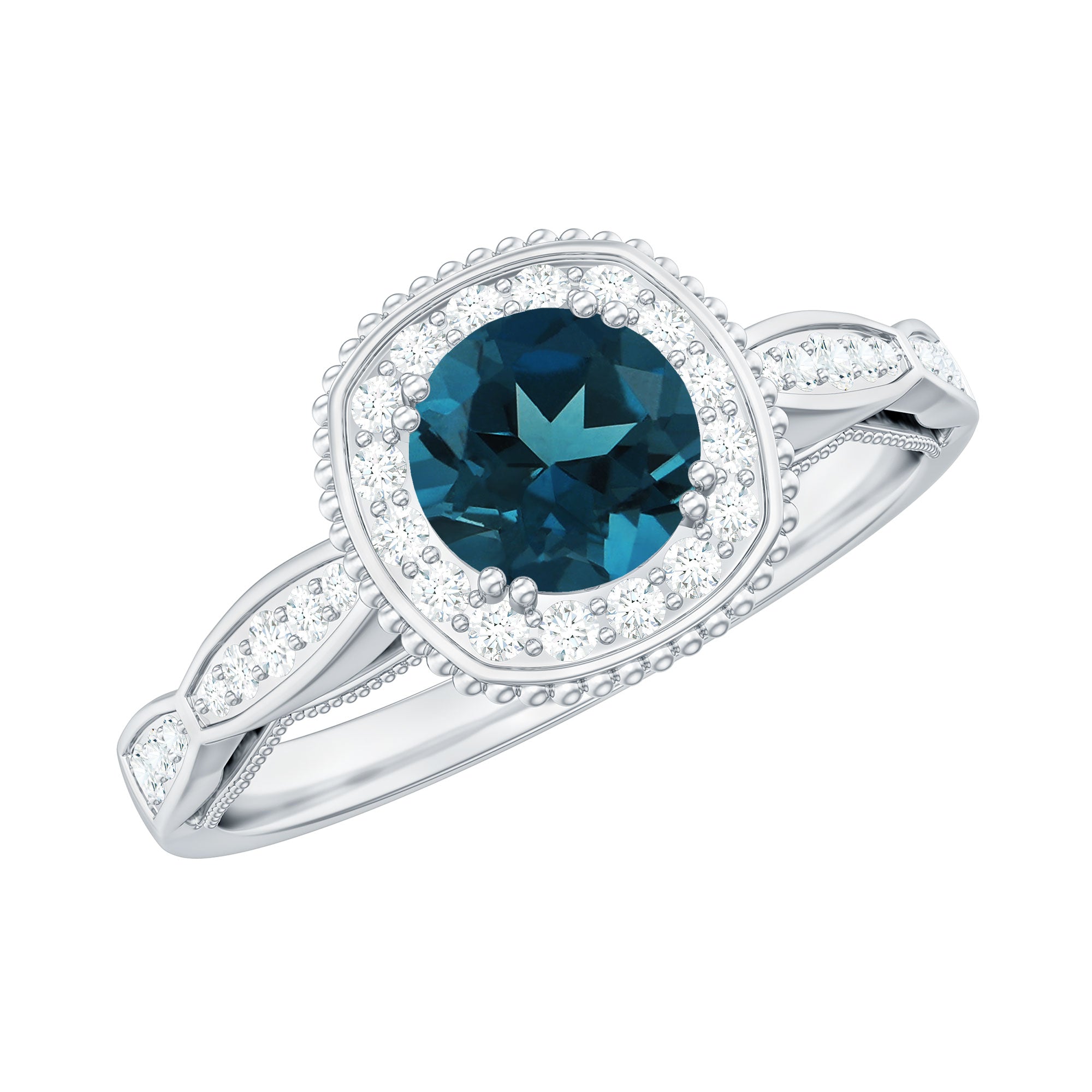 5mm London Blue topaz Vintage Inspired Ring with Diamond Halo