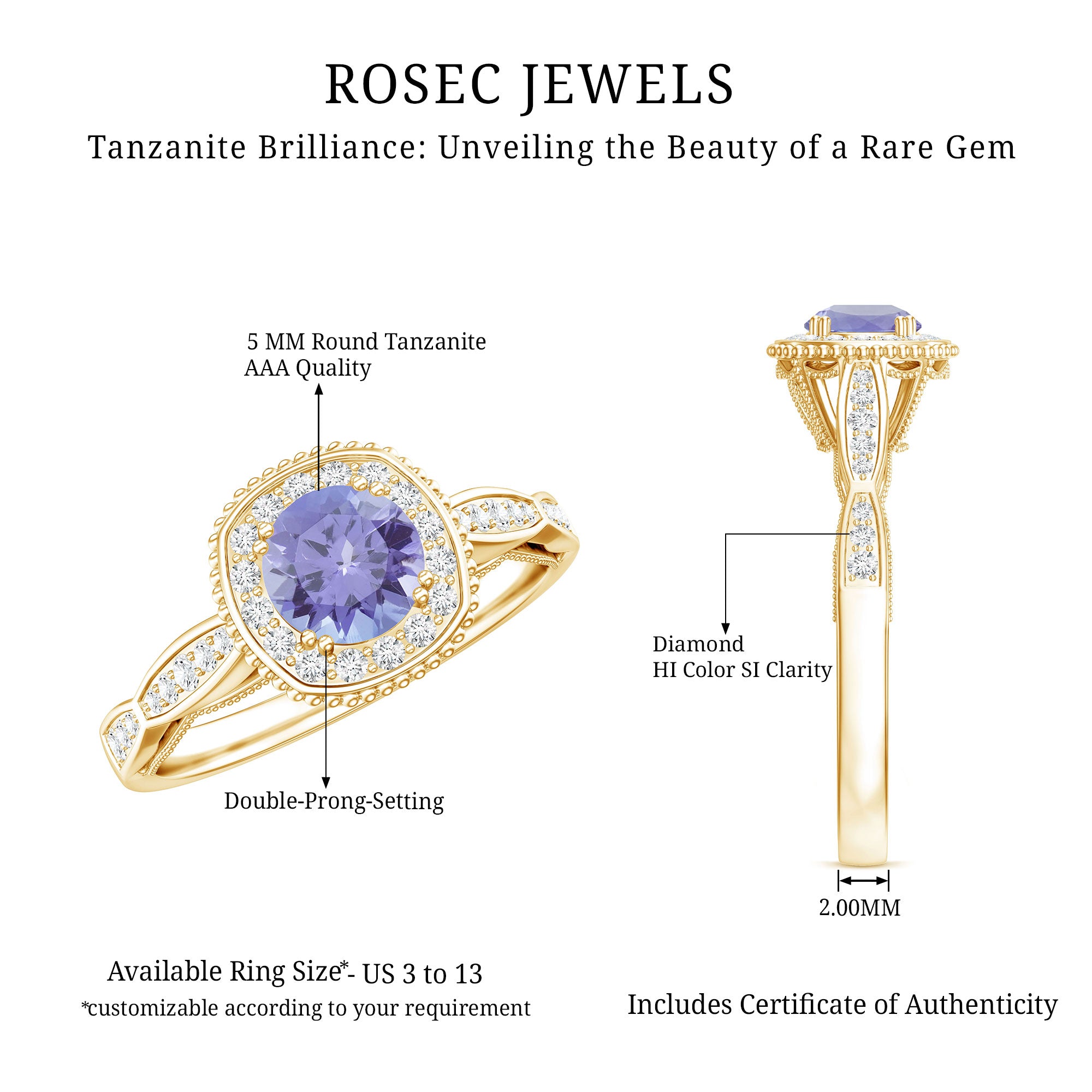 Vintage Style Tanzanite Engagement Ring with Diamond Halo for Women AAA - Rosec Jewels