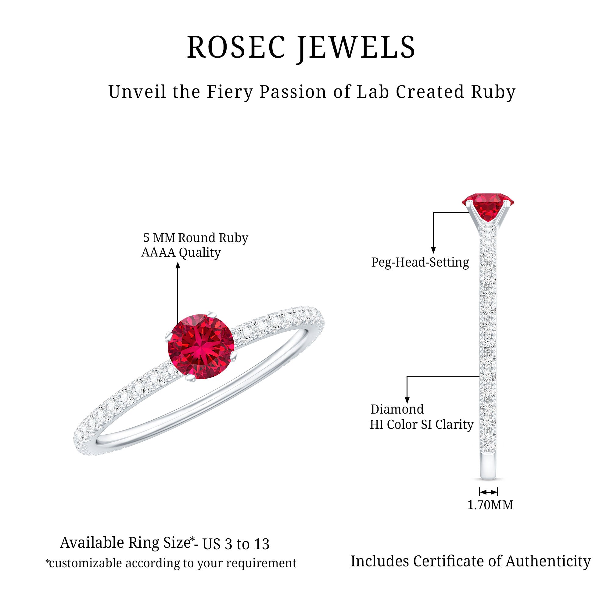 Round Cut Lab Grown Ruby Engagement Ring with Diamond AAAA - Rosec Jewels