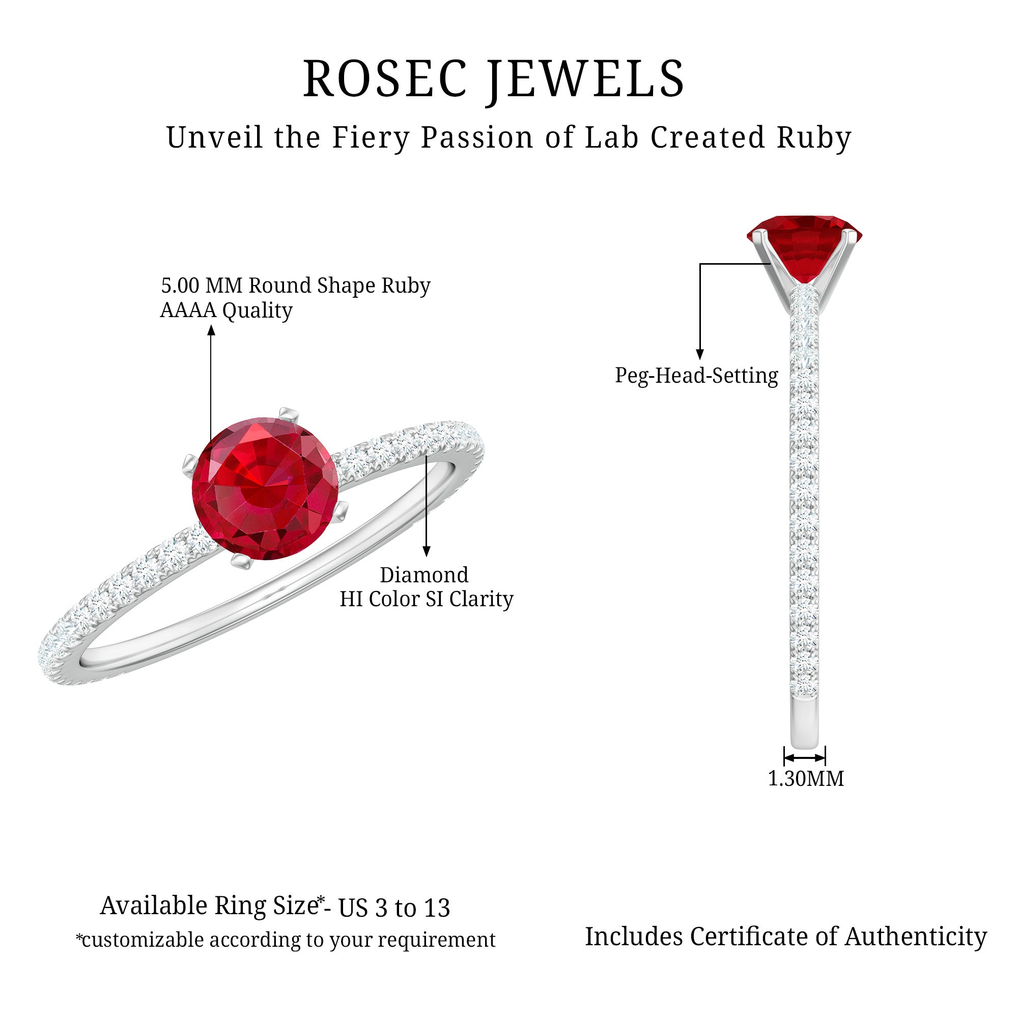 Rosec Jewels-Round Cut Lab Grown Ruby Engagement Ring with Diamond
