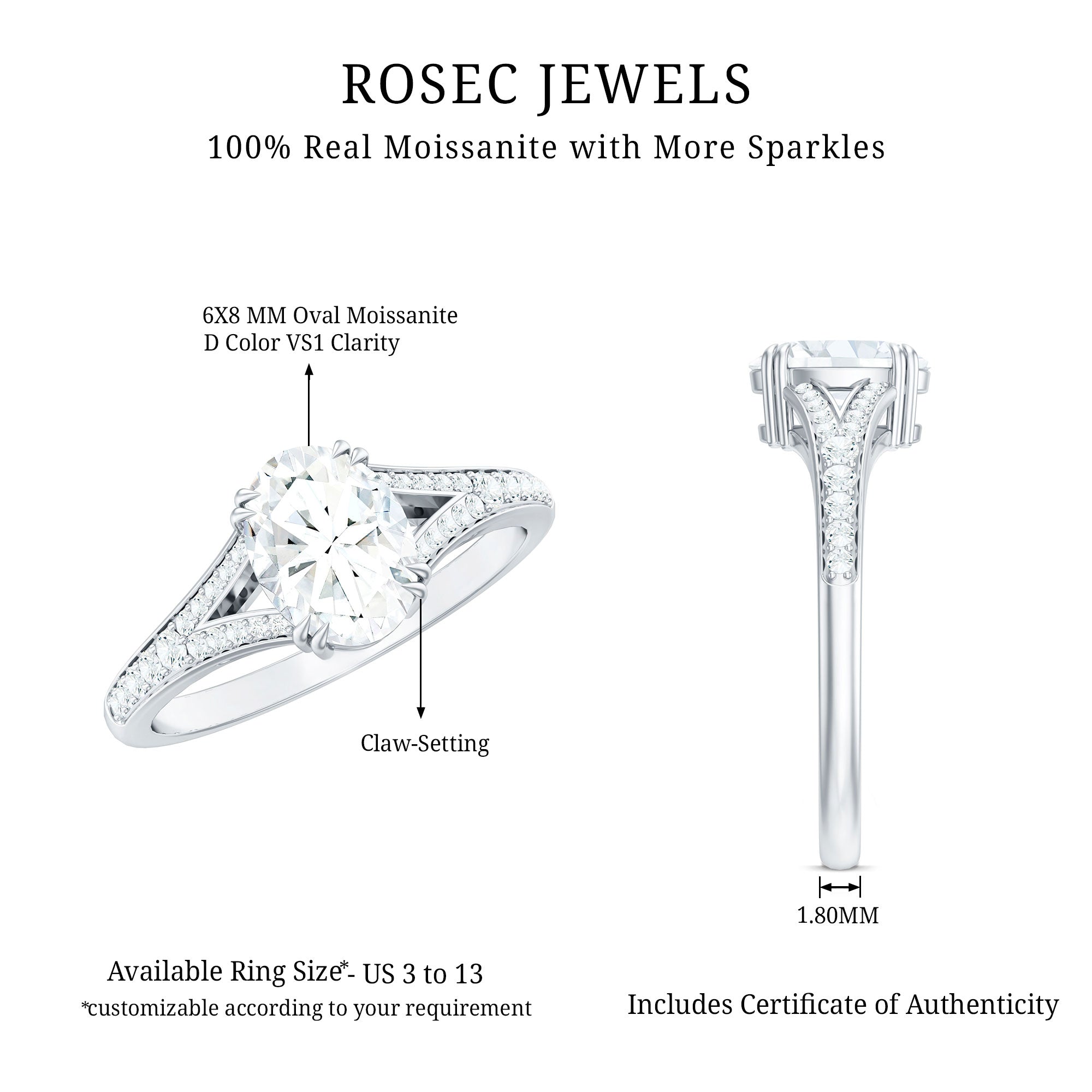 Certified Moissanite Oblong Engagement Ring with Split Shank D-VS1 - Rosec Jewels