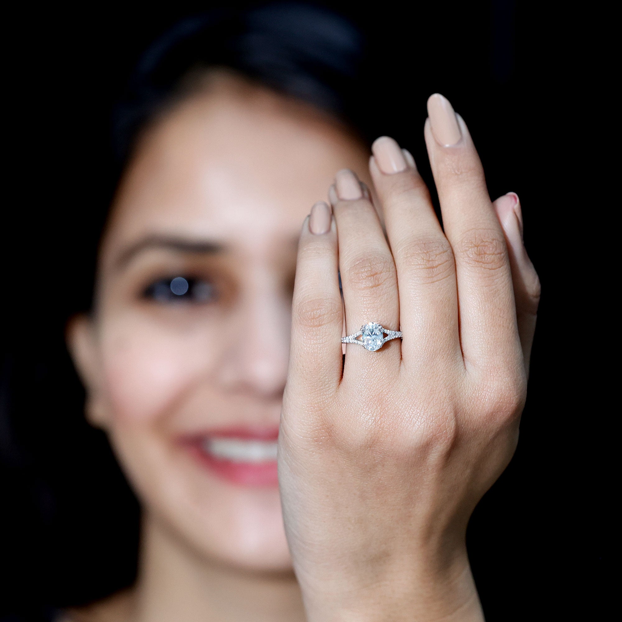 Certified Moissanite Oblong Engagement Ring with Split Shank D-VS1 - Rosec Jewels
