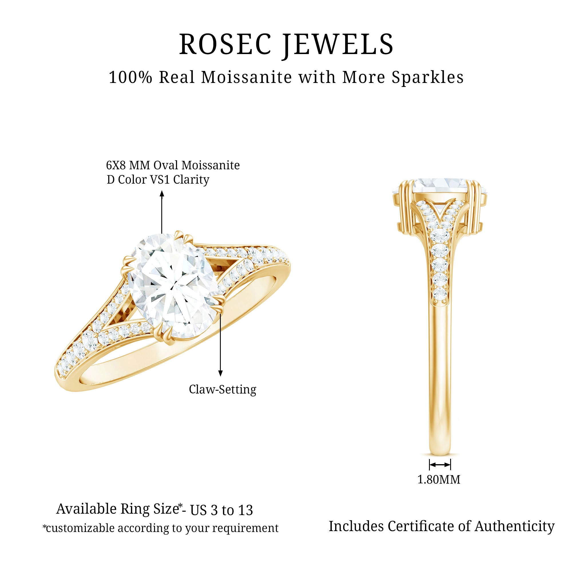 Certified Moissanite Oblong Engagement Ring with Split Shank D-VS1 - Rosec Jewels