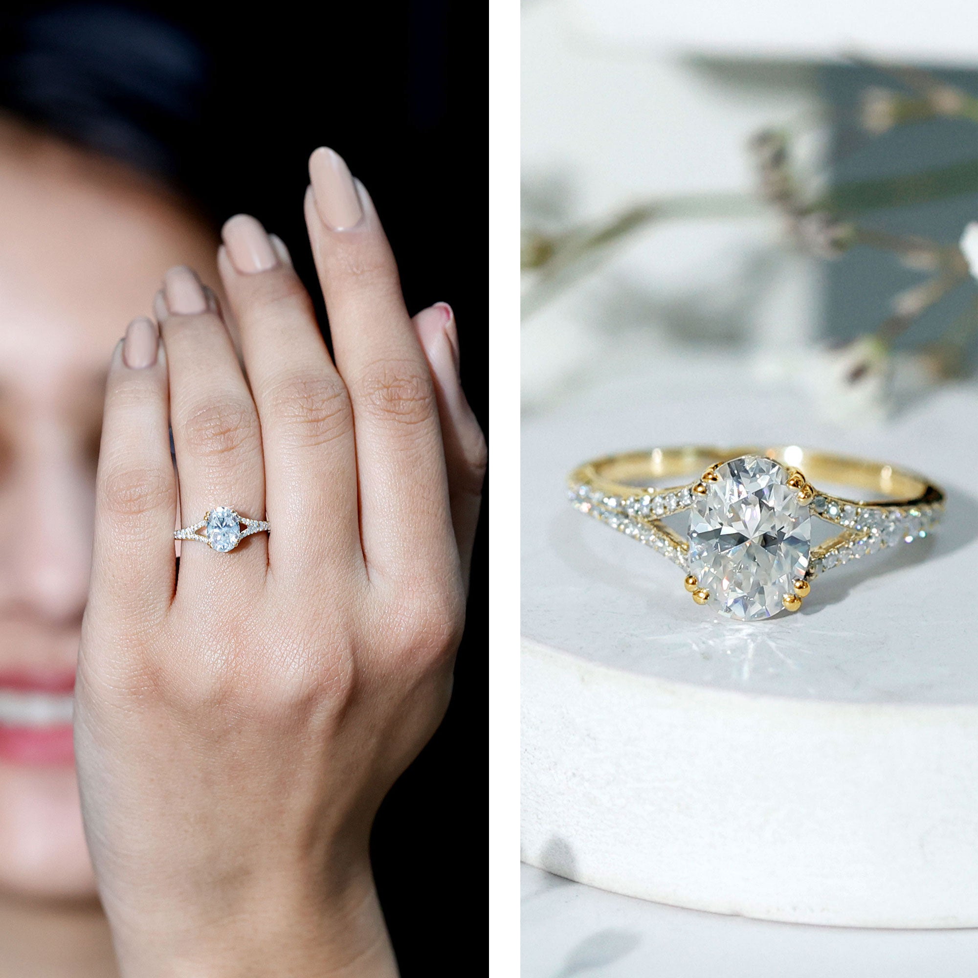 Certified Moissanite Oblong Engagement Ring with Split Shank D-VS1 - Rosec Jewels