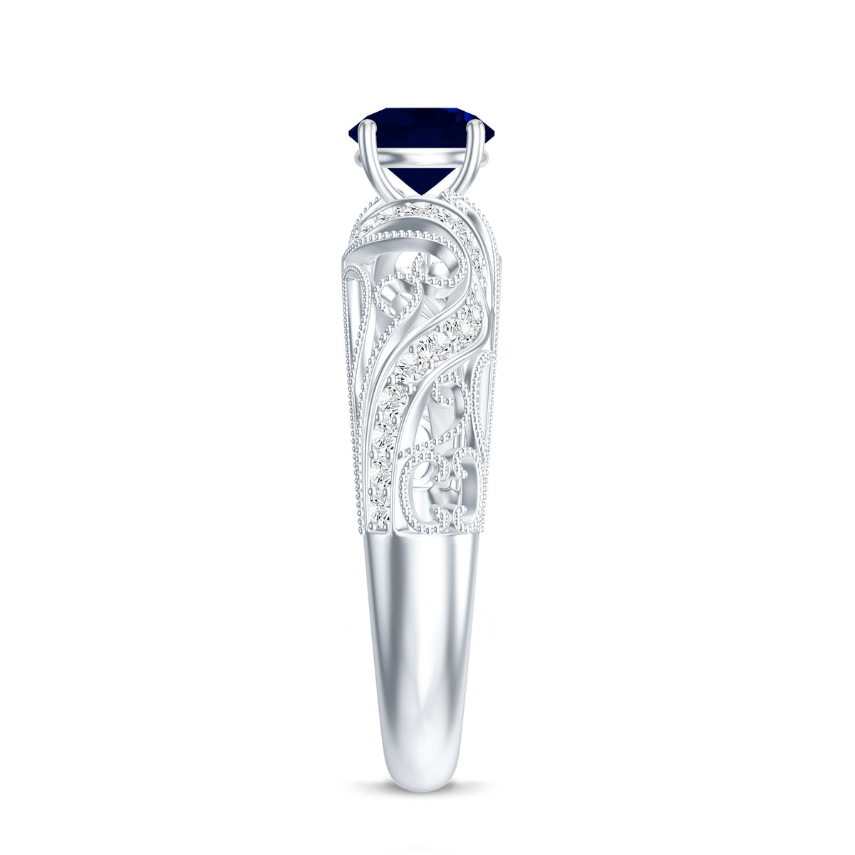 Certified 0.9 Carat Real Blue Sapphire and Diamond Vintage Looking Engagement Ring AAA - Rosec Jewels