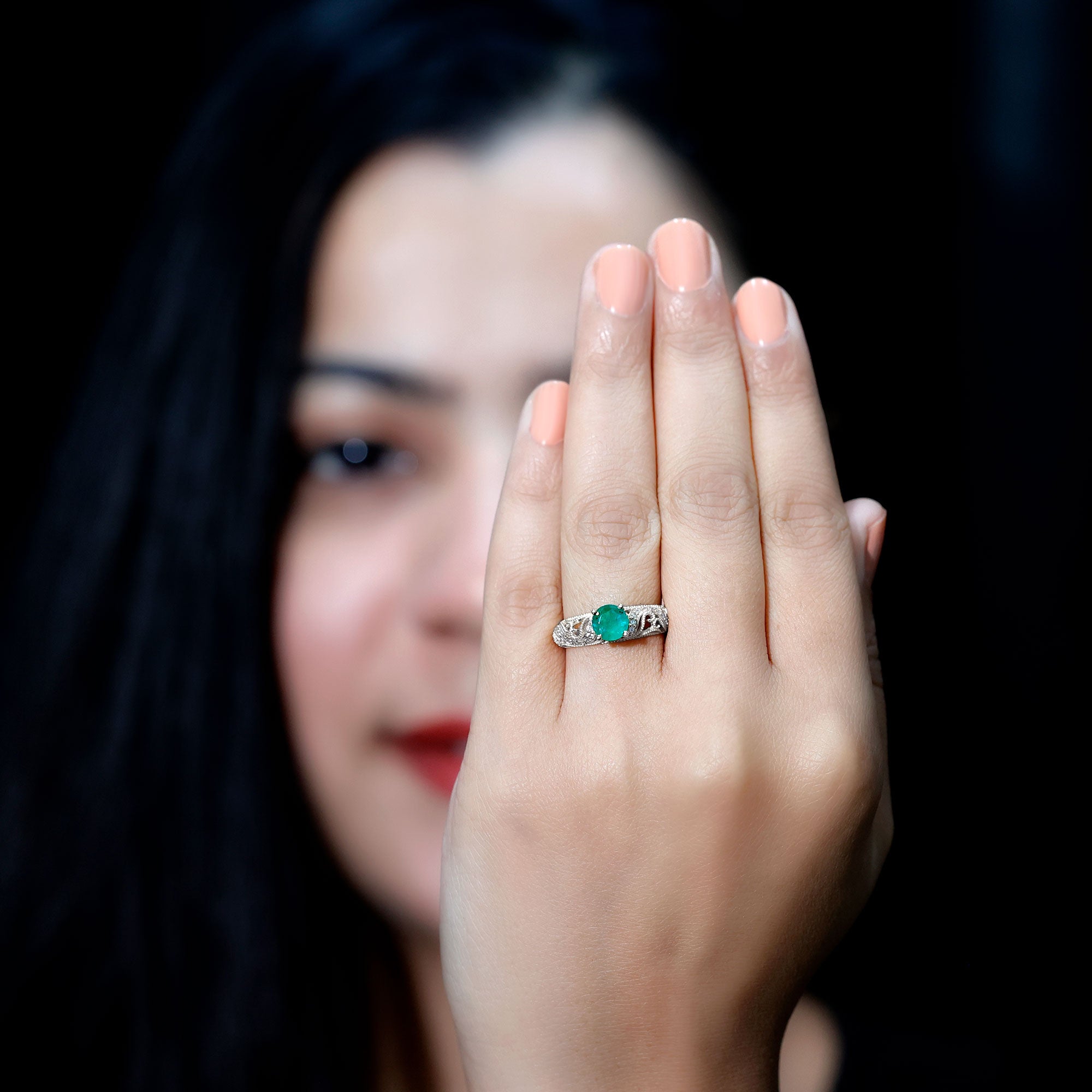 Vintage Looking Emerald and Diamond Engagement Ring for Women AAA - Rosec Jewels