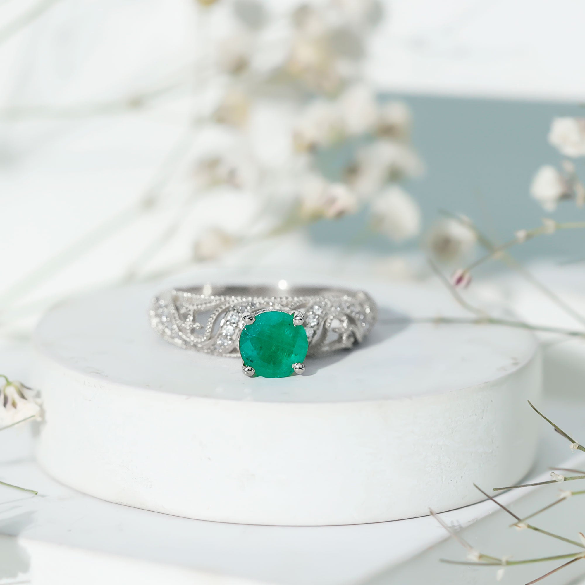Vintage Looking Emerald and Diamond Engagement Ring for Women AAA - Rosec Jewels