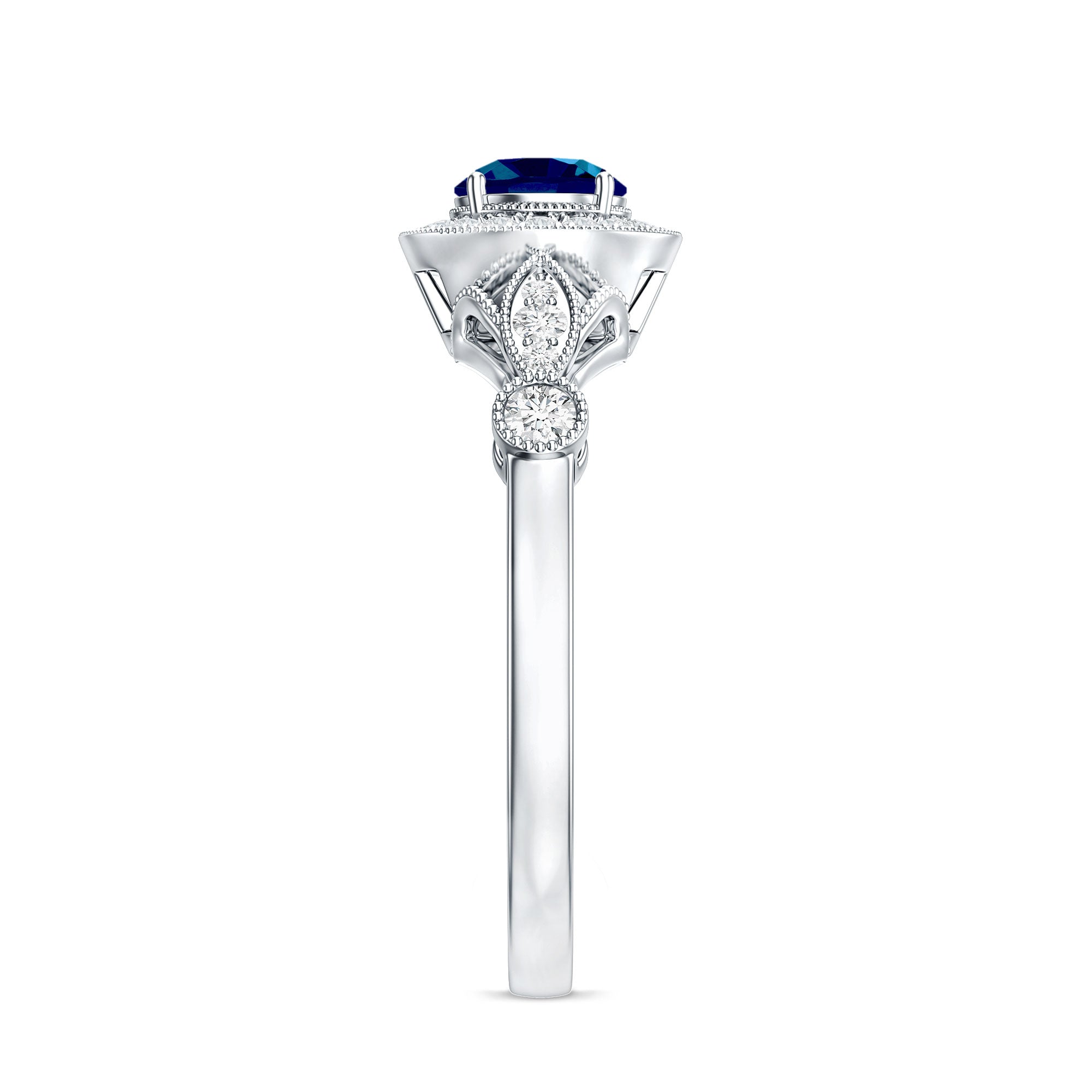 5mm London Blue Topaz Antique Engagement Ring with Diamond Halo AAA - Rosec Jewels