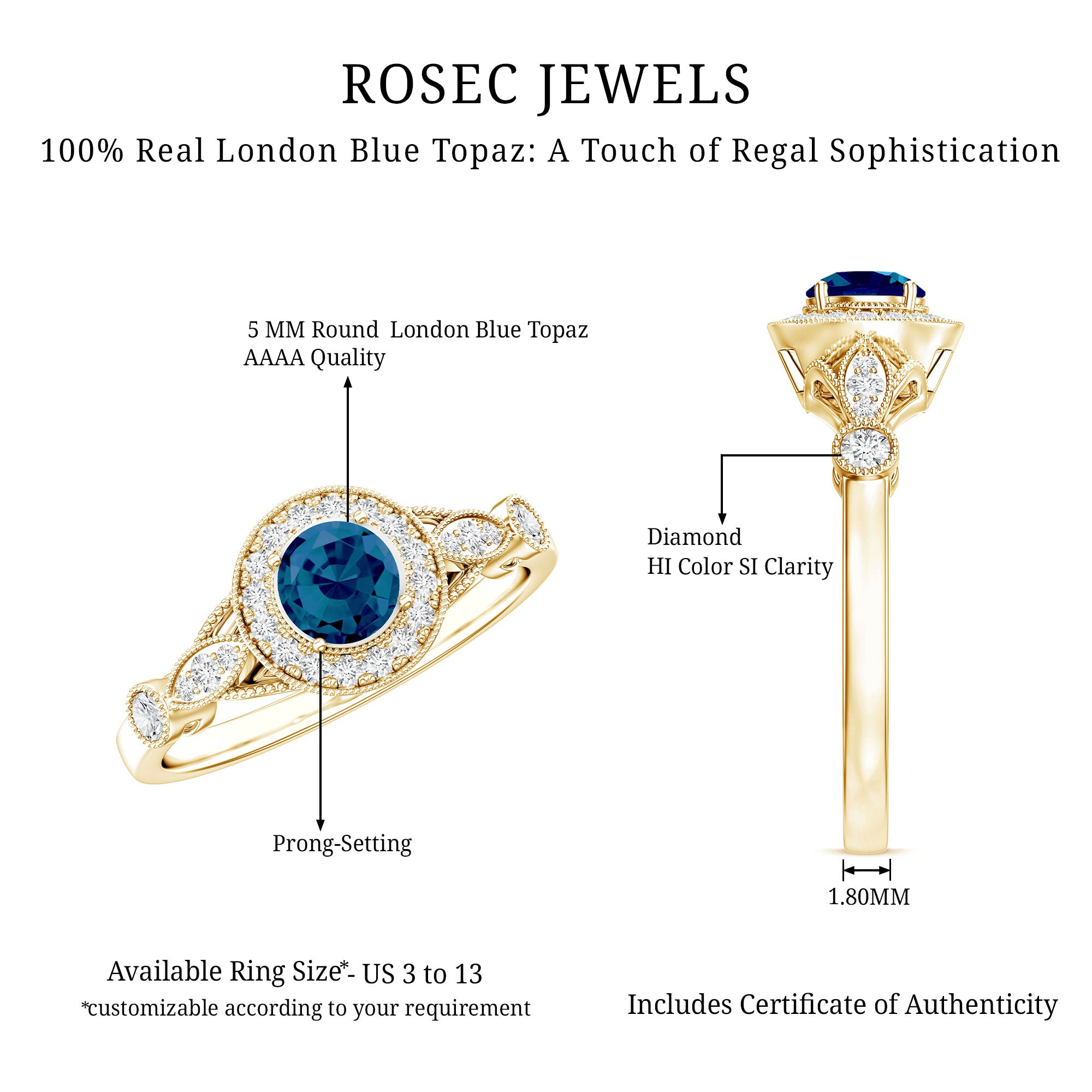 5mm London Blue Topaz Antique Engagement Ring with Diamond Halo AAA - Rosec Jewels