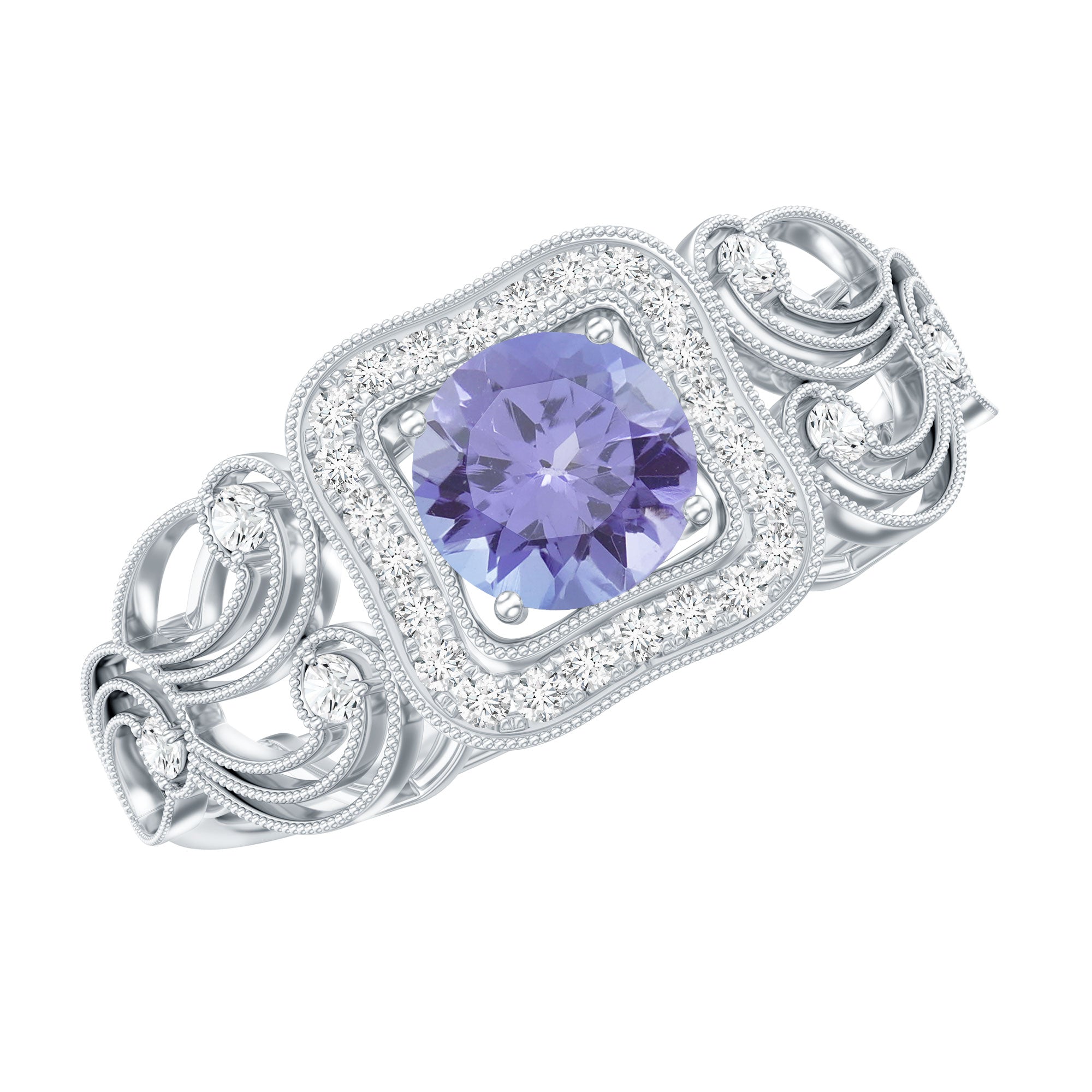 Tanzanite Vintage Looking Engagement Ring with Diamond Halo AAA - Rosec Jewels