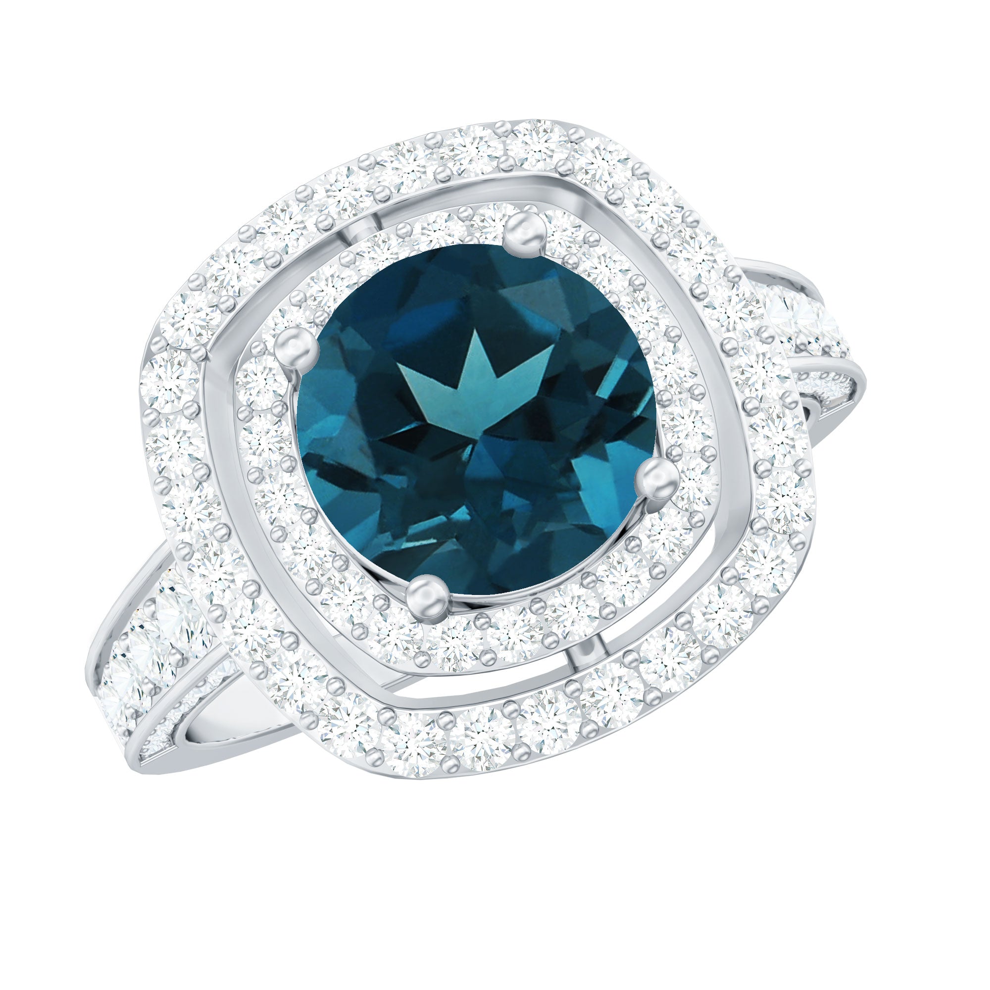 8mm Round London Blue Topaz Double Halo Engagement Ring with Moissanite
