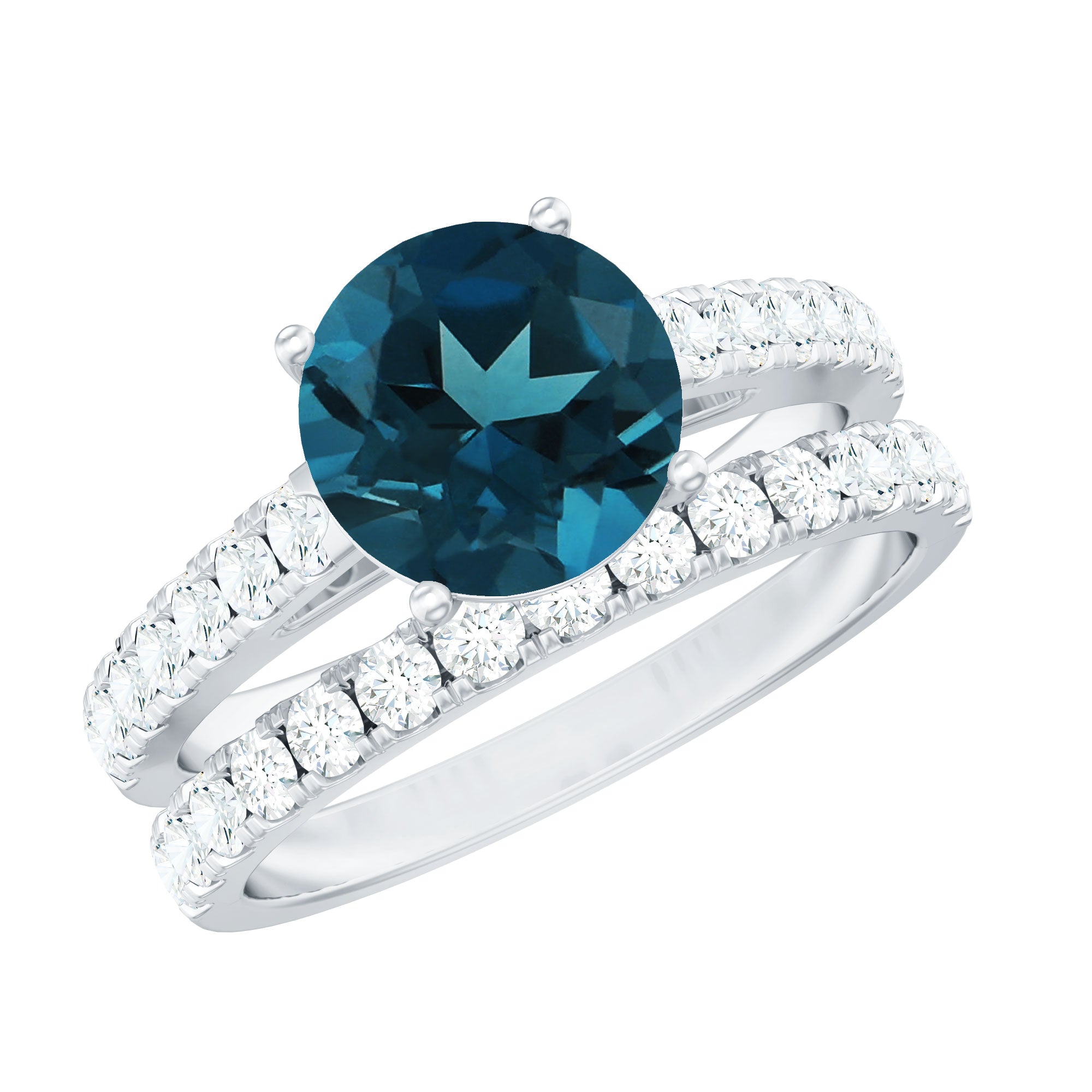 8mm Round London Blue Topaz Solitaire Rings Set with Moissanite Band