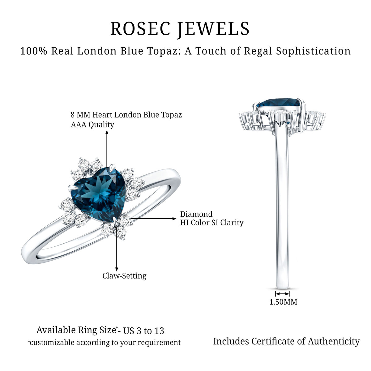 2 Carat Heart London Blue Topaz Engagement Ring with Diamond AAA - Rosec Jewels