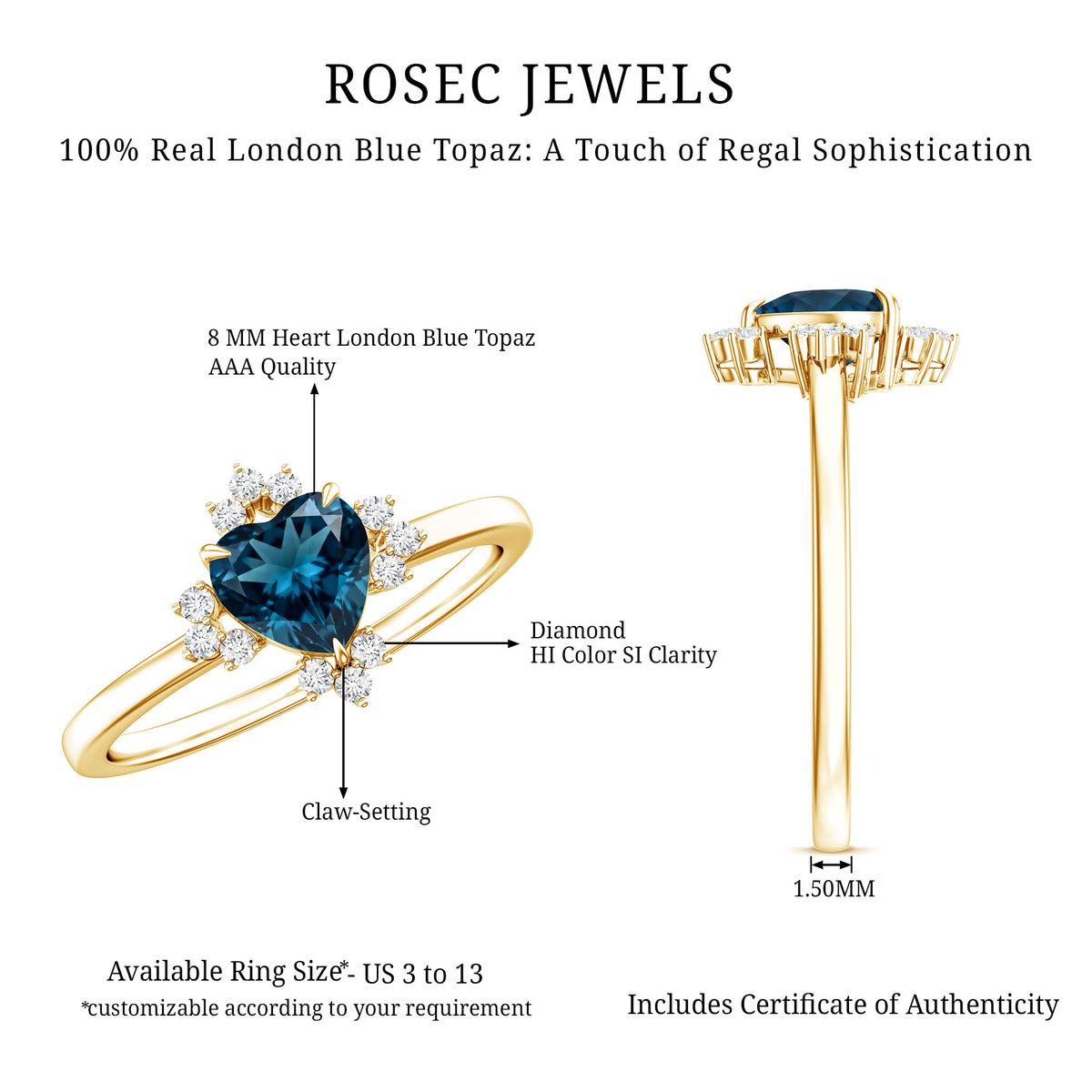 2 Carat Heart London Blue Topaz Engagement Ring with Diamond AAA - Rosec Jewels
