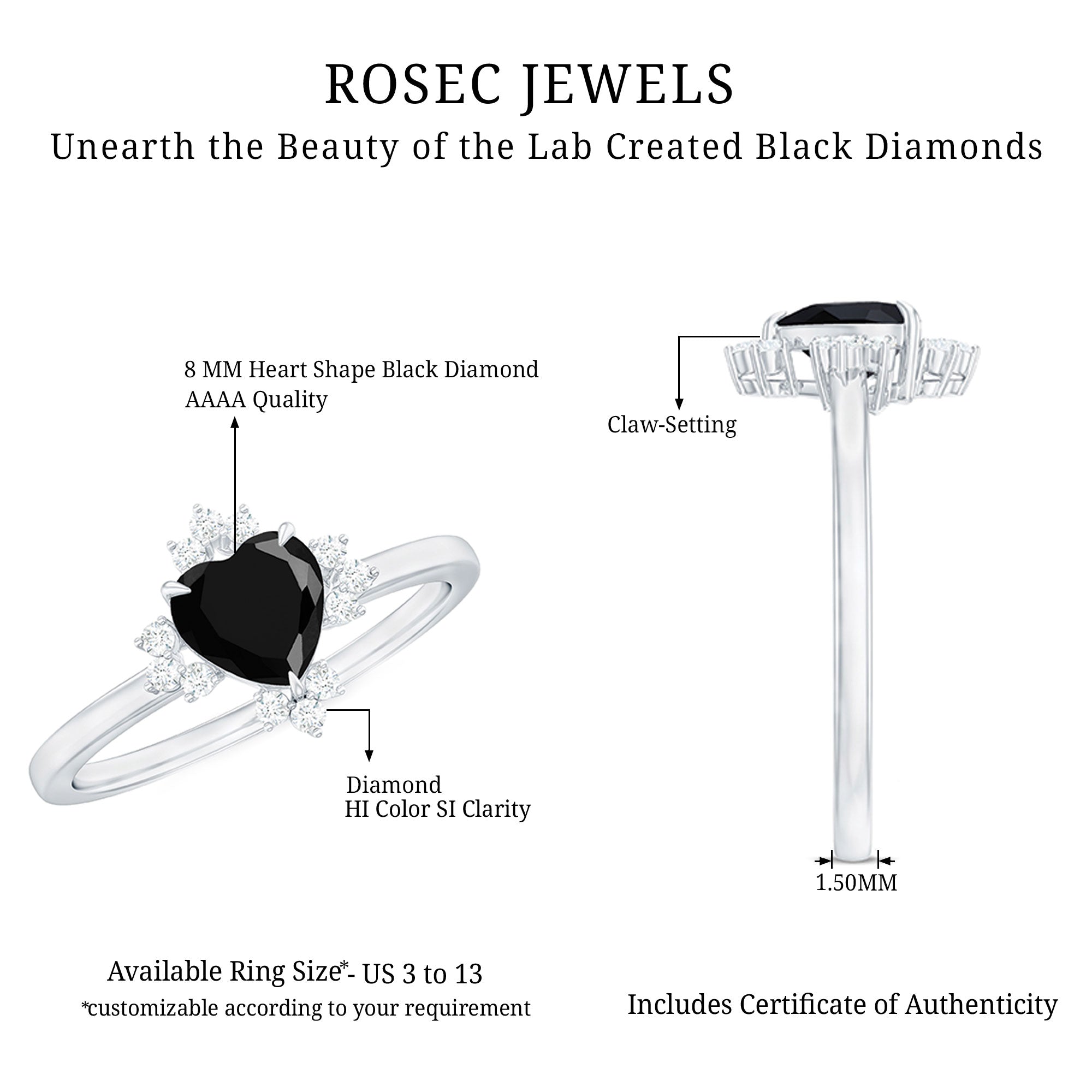 Certified 2.4 Carat Lab Grown Black Diamond Heart Engagement Ring with White Diamond AAAA ( Synthetic ) - Rosec Jewels