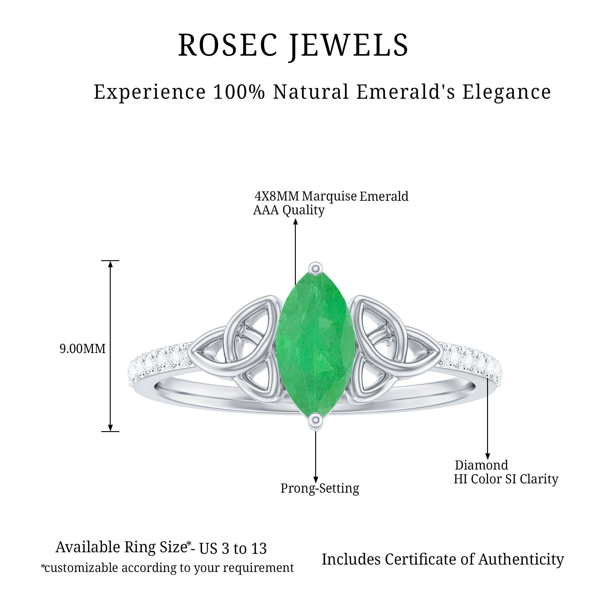 Marquise Cut Emerald Celtic Knot Engagement Ring with Diamonds AAA - Rosec Jewels