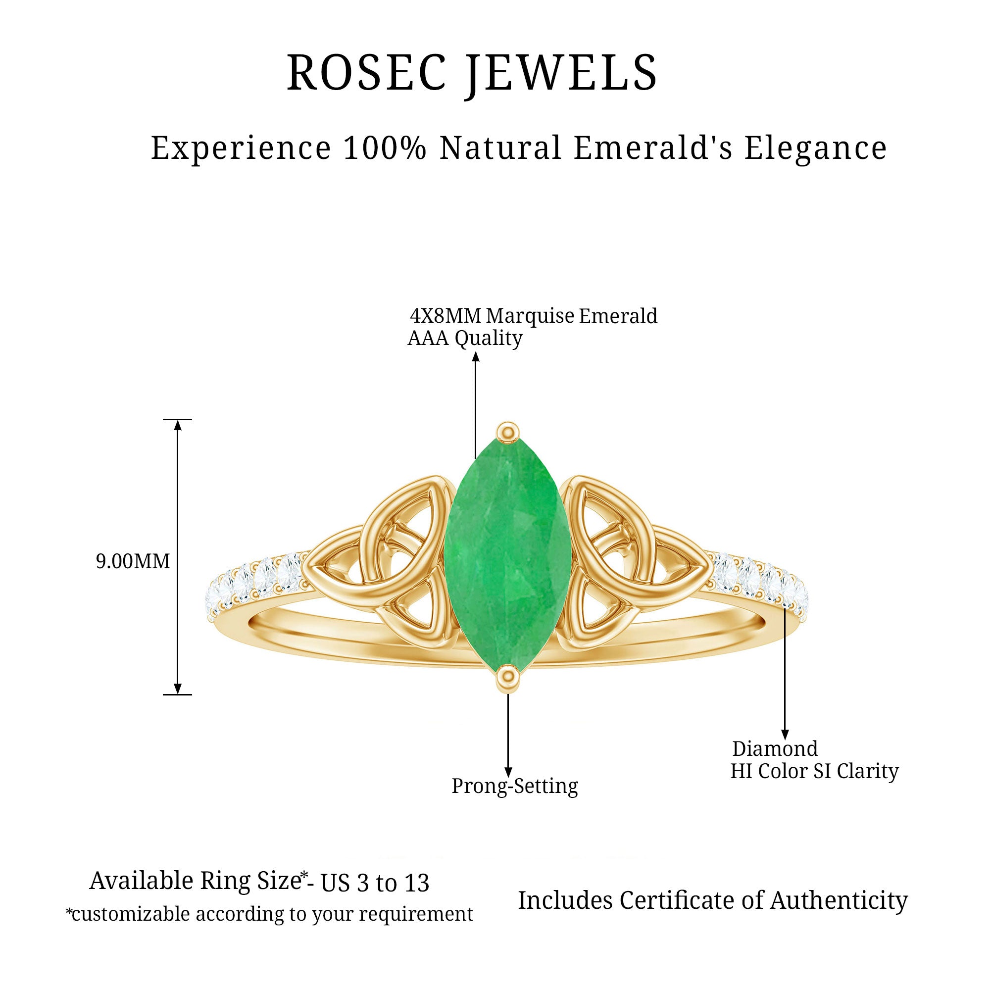 Marquise Cut Emerald Celtic Knot Engagement Ring with Diamonds AAA - Rosec Jewels