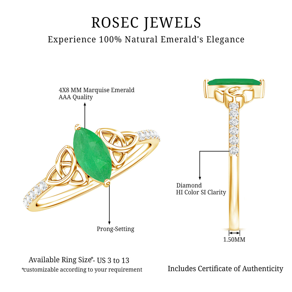 Marquise Cut Emerald Celtic Knot Engagement Ring with Diamonds AAA - Rosec Jewels