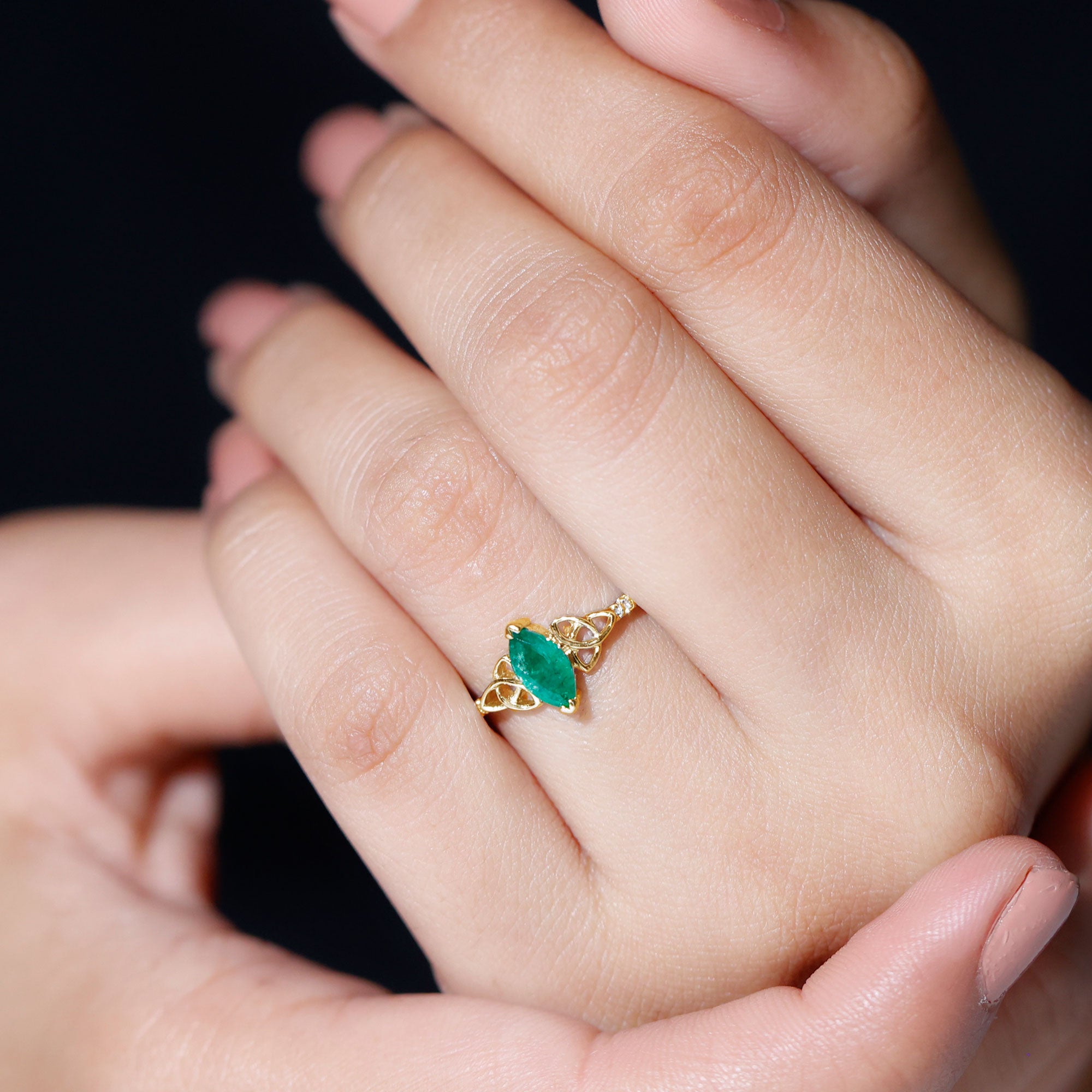 Marquise Cut Emerald Celtic Knot Engagement Ring with Diamonds AAA - Rosec Jewels