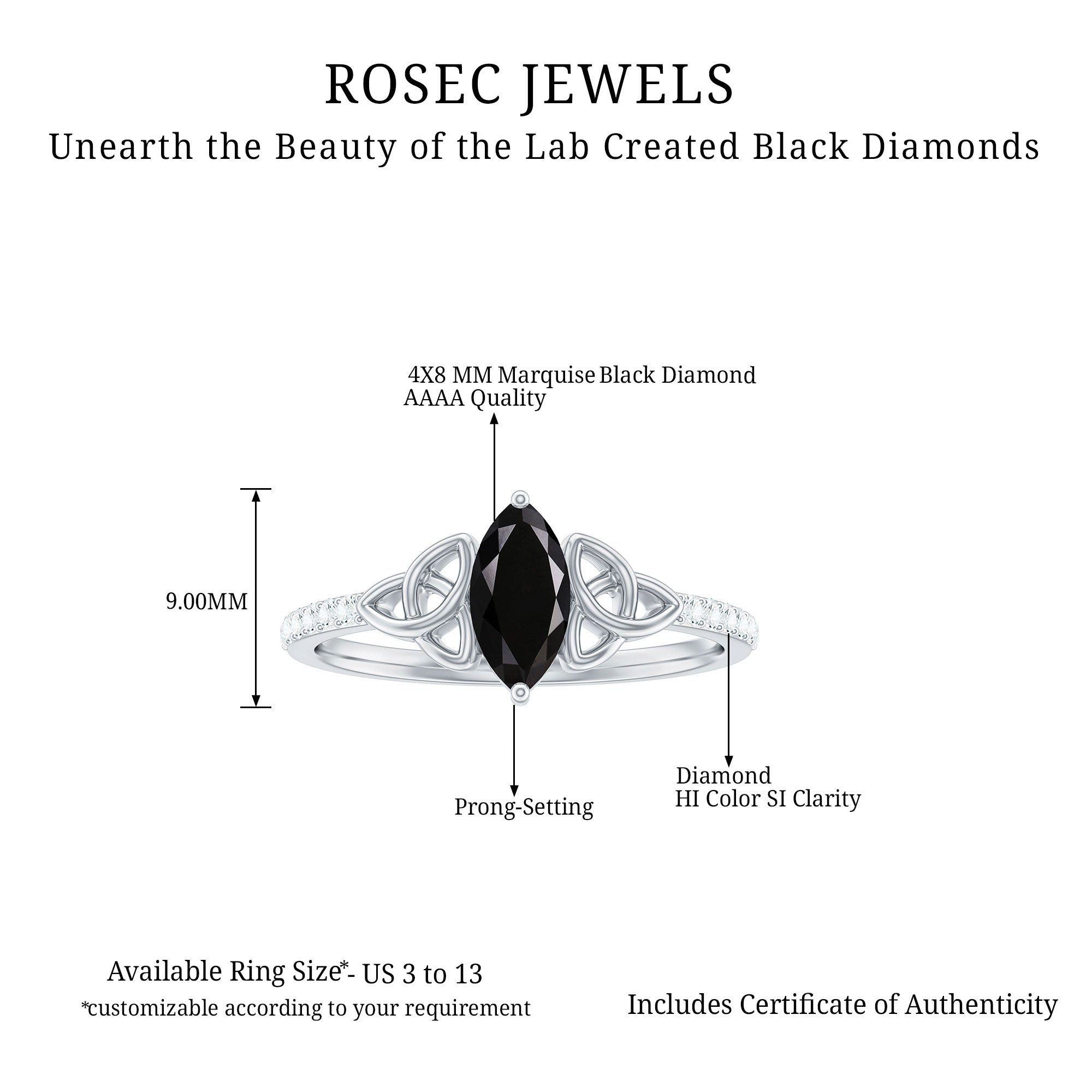 0.8 Carat Lab Grown Black and White Diamond Marquise Engagement Ring with Celtic Knot AAAA ( Synthetic ) - Rosec Jewels