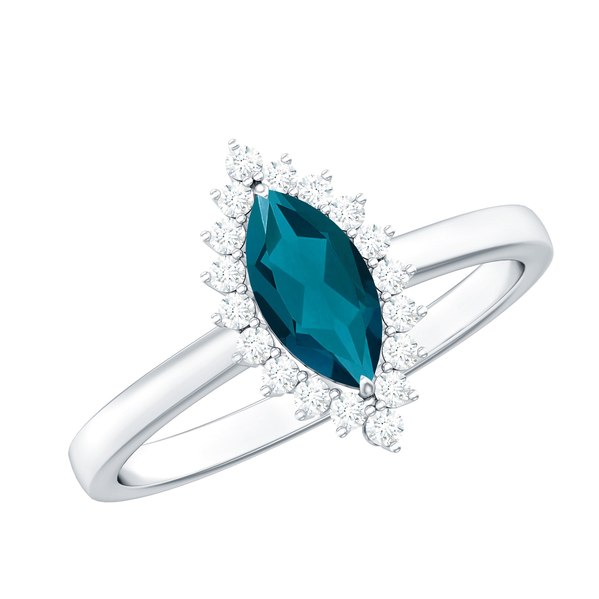 Elongated Marquise Blue Topaz Engagement Ring with Diamond Halo