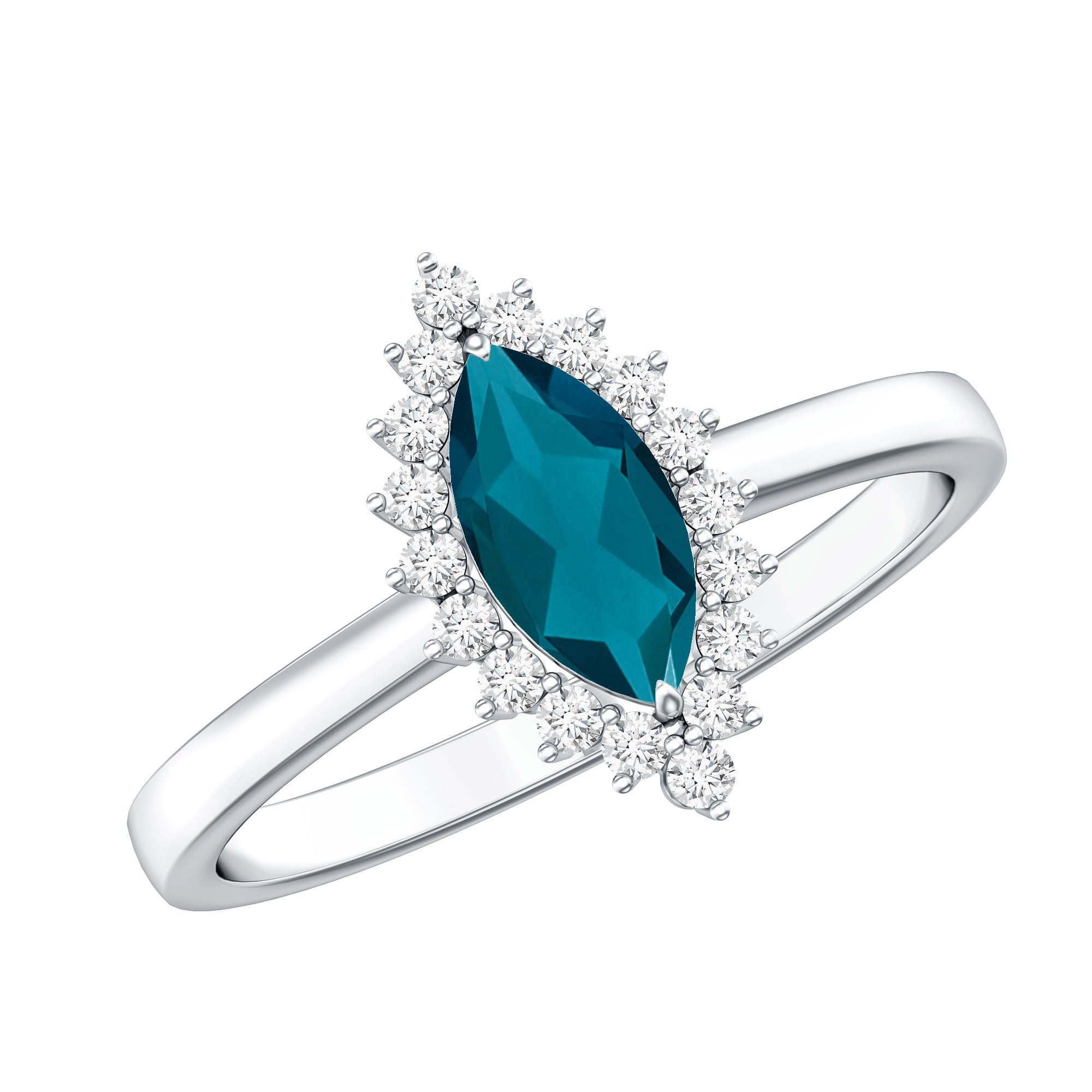 Elongated Marquise Blue Topaz Engagement Ring with Diamond Halo AAA - Rosec Jewels