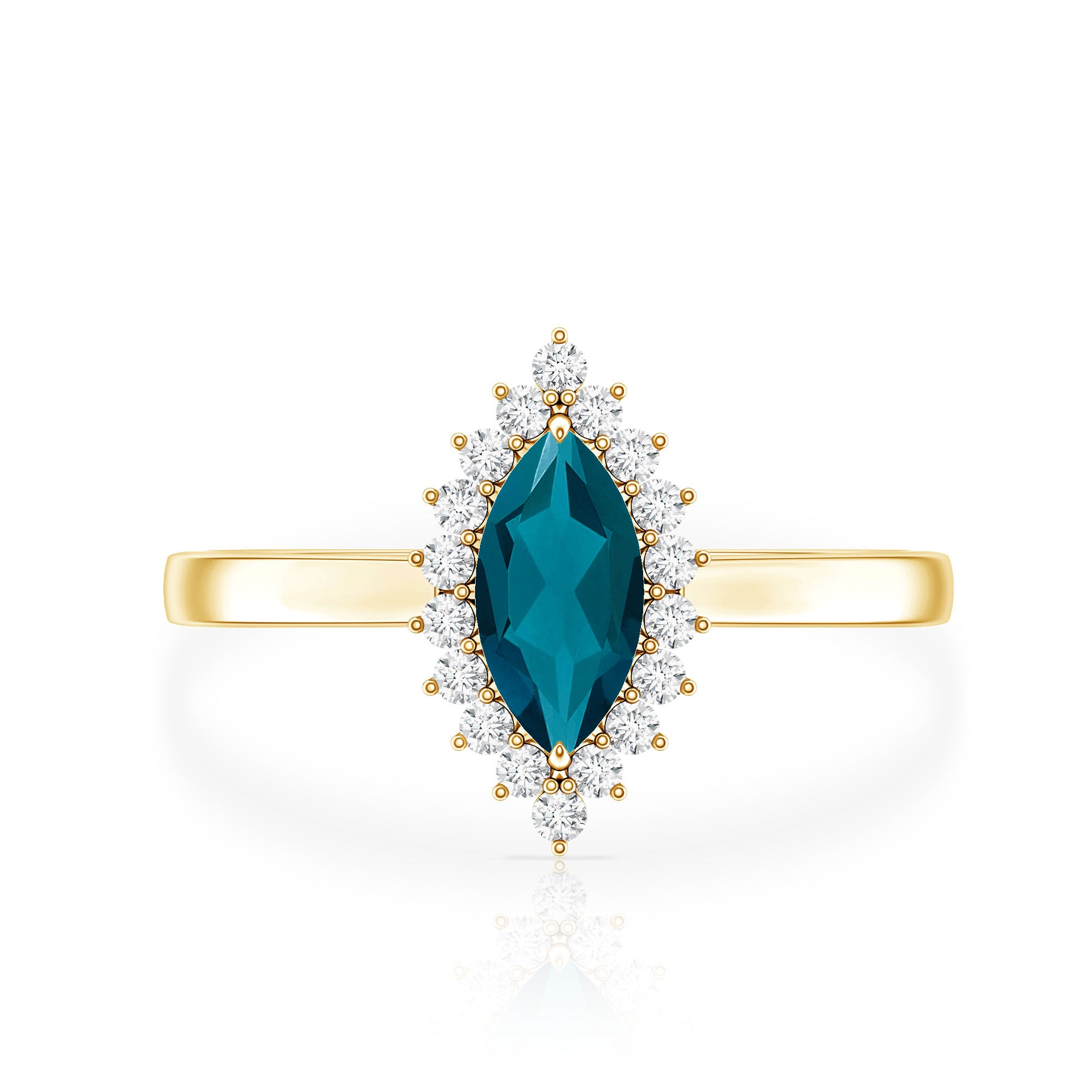 Elongated Marquise Blue Topaz Engagement Ring with Diamond Halo AAA - Rosec Jewels