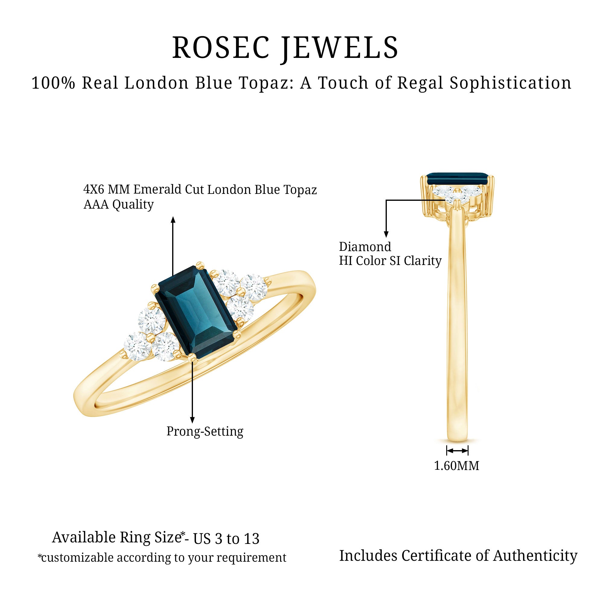 Rosec Jewels-Emerald Cut London Blue Topaz Engagement Ring with Diamond Trio