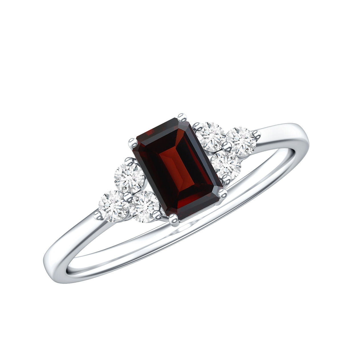 Certified Natural Garnet Emerald Cut Engagement Ring With Diamond Trio AAA - Rosec Jewels