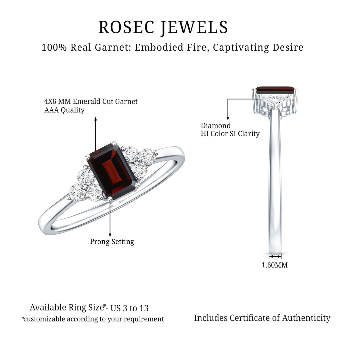 Certified Natural Garnet Emerald Cut Engagement Ring With Diamond Trio AAA - Rosec Jewels