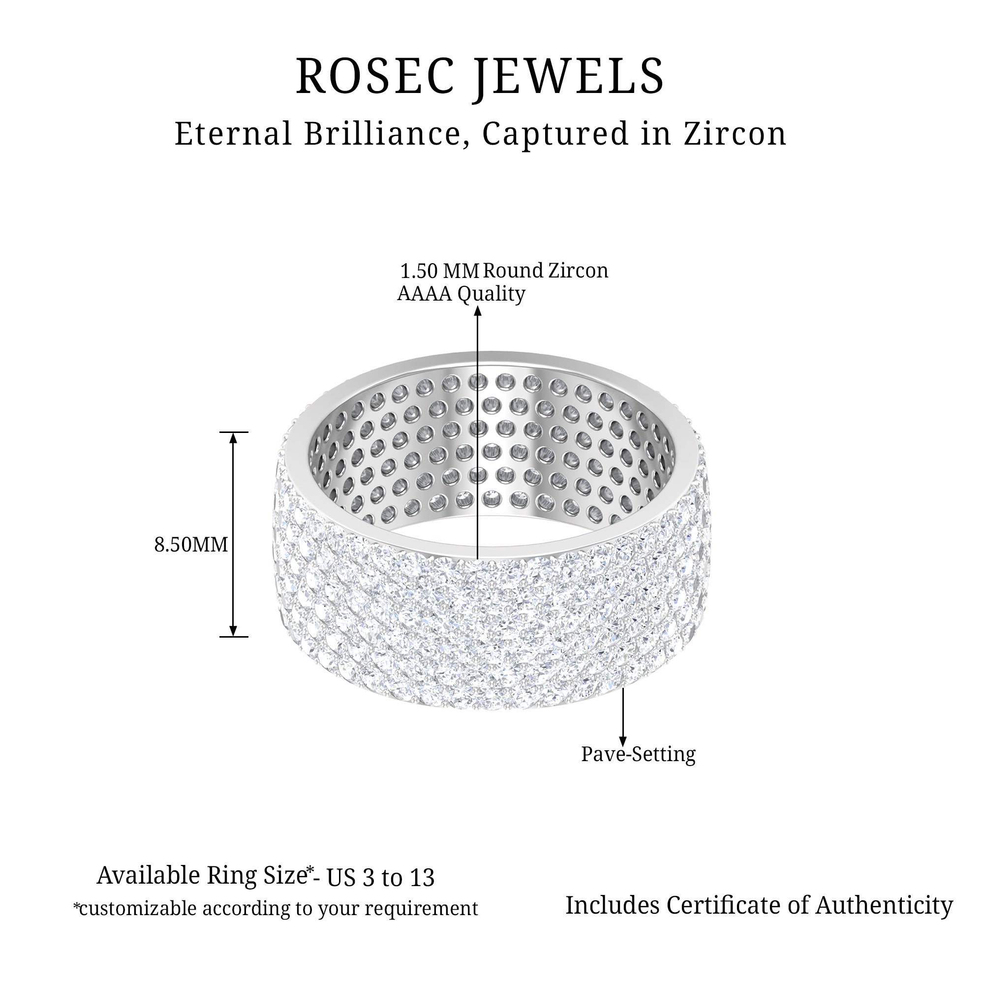 Round Zircon Cluster Wide Wedding Band Ring in Pave Setting Zircon - ( AAAA ) - Quality - Rosec Jewels