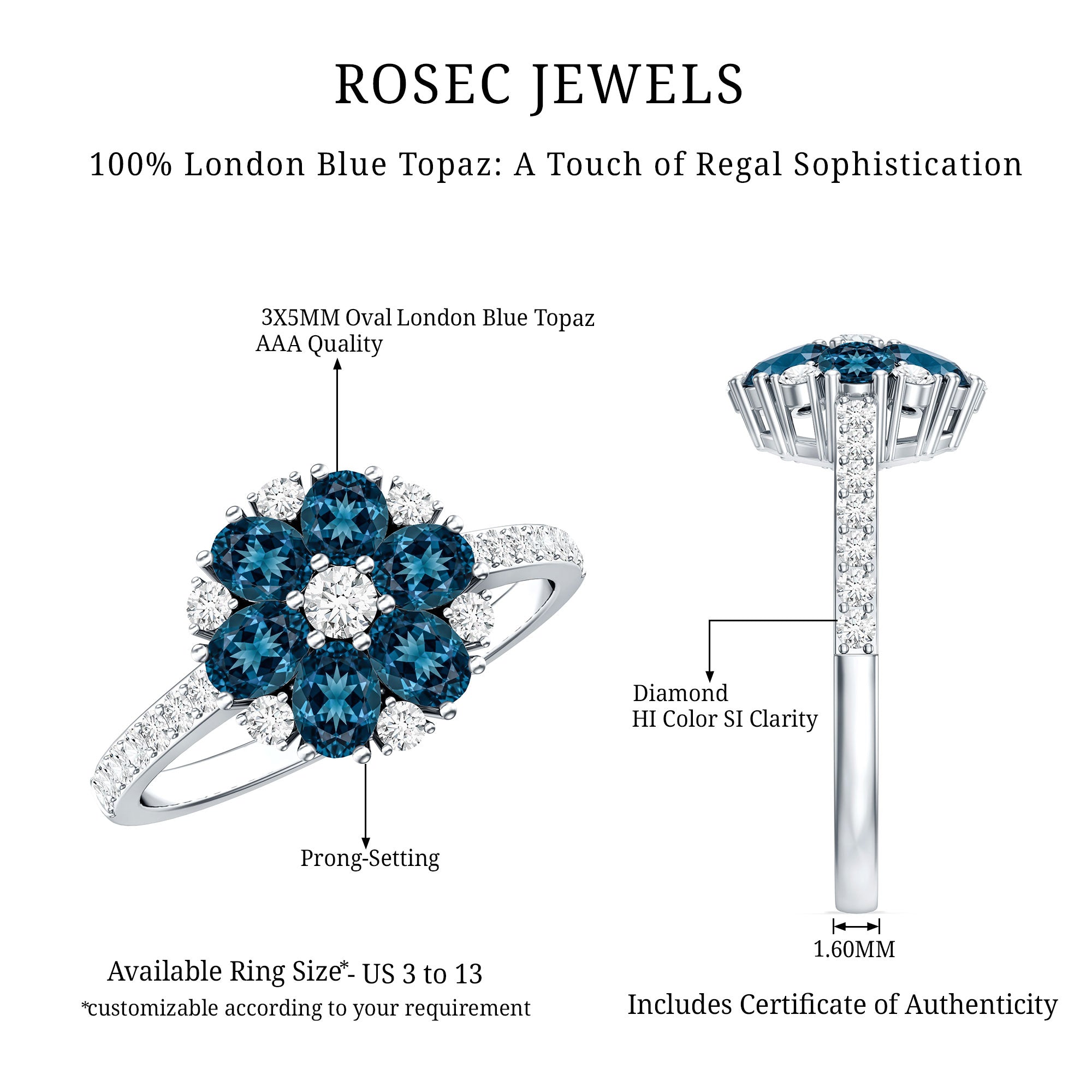 Natural London Blue Topaz Flower Engagement Ring with Diamond AAA - Rosec Jewels