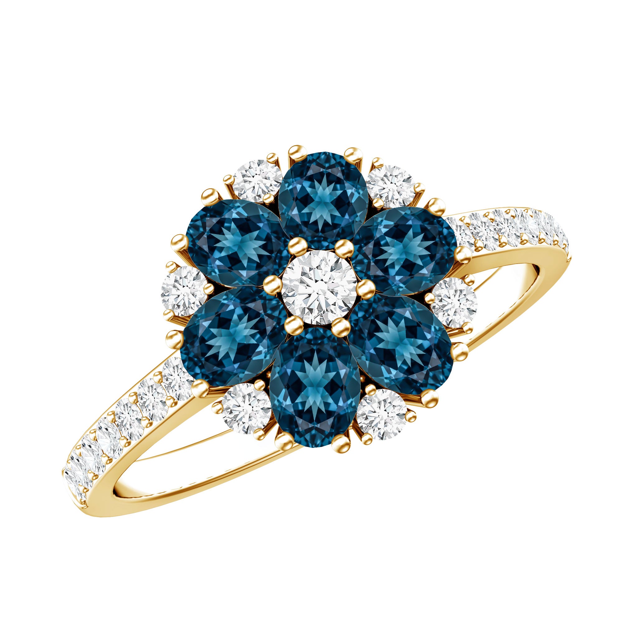Natural London Blue Topaz Flower Engagement Ring with Diamond AAA - Rosec Jewels