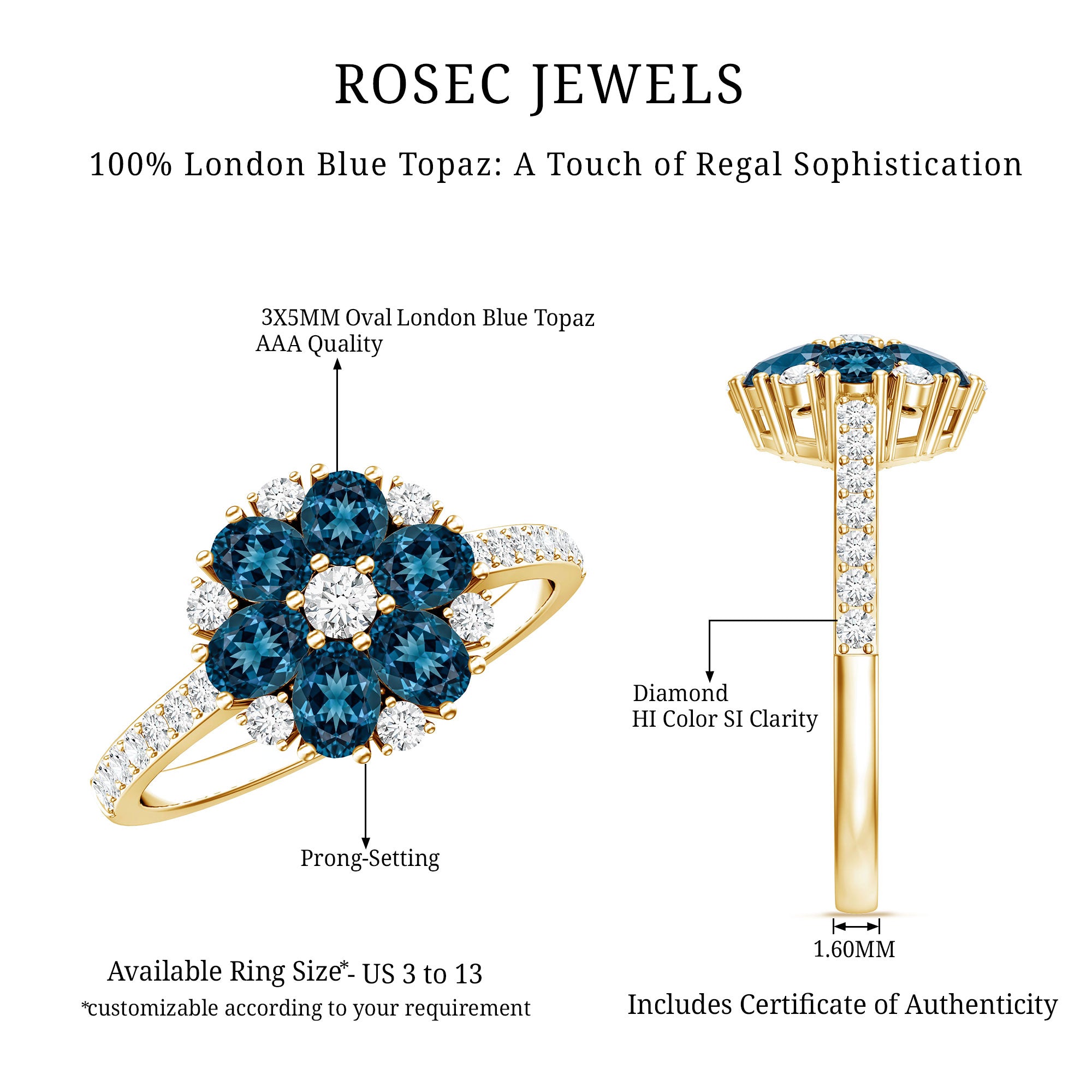 Natural London Blue Topaz Flower Engagement Ring with Diamond AAA - Rosec Jewels