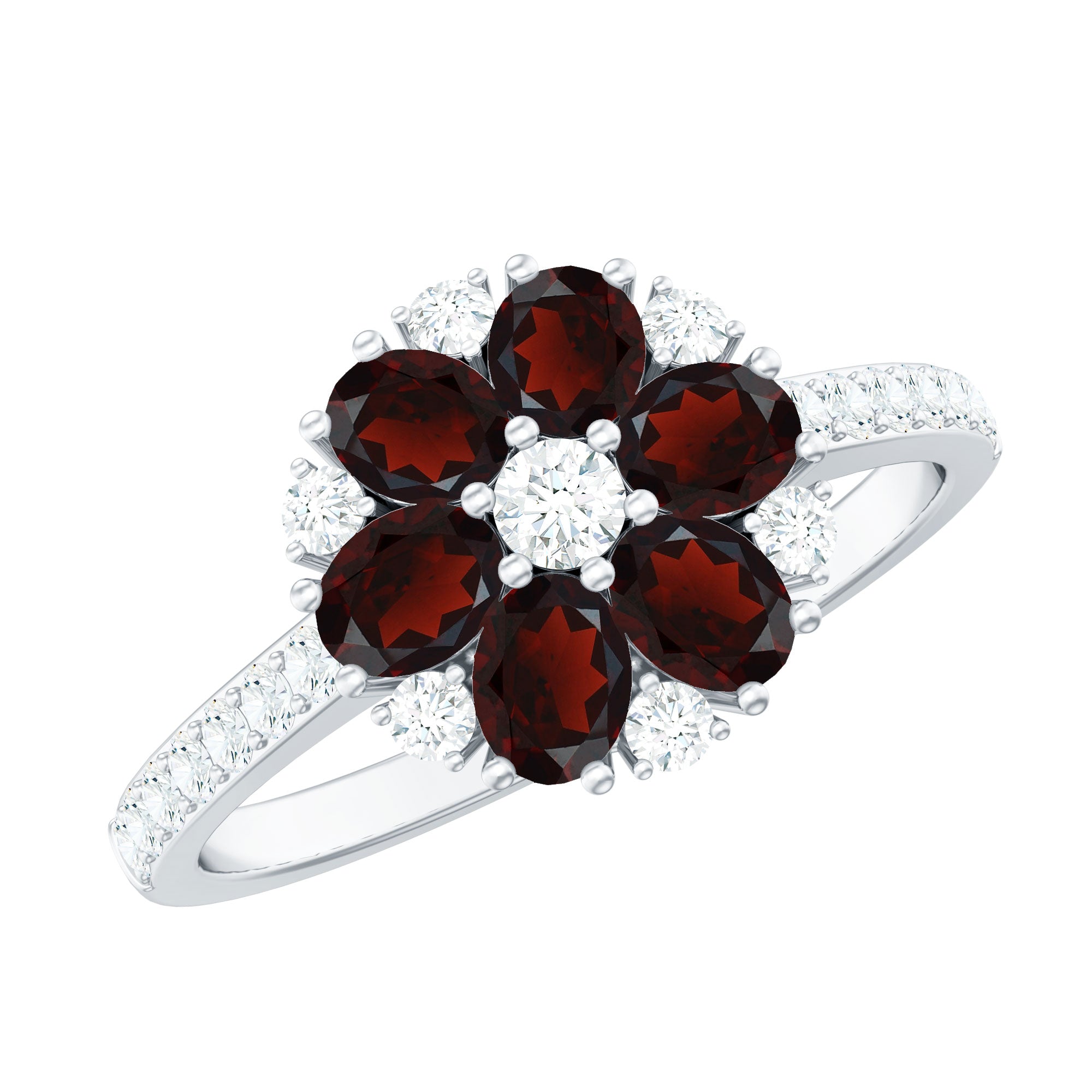 Natural Garnet Flower Engagement Ring with Diamond