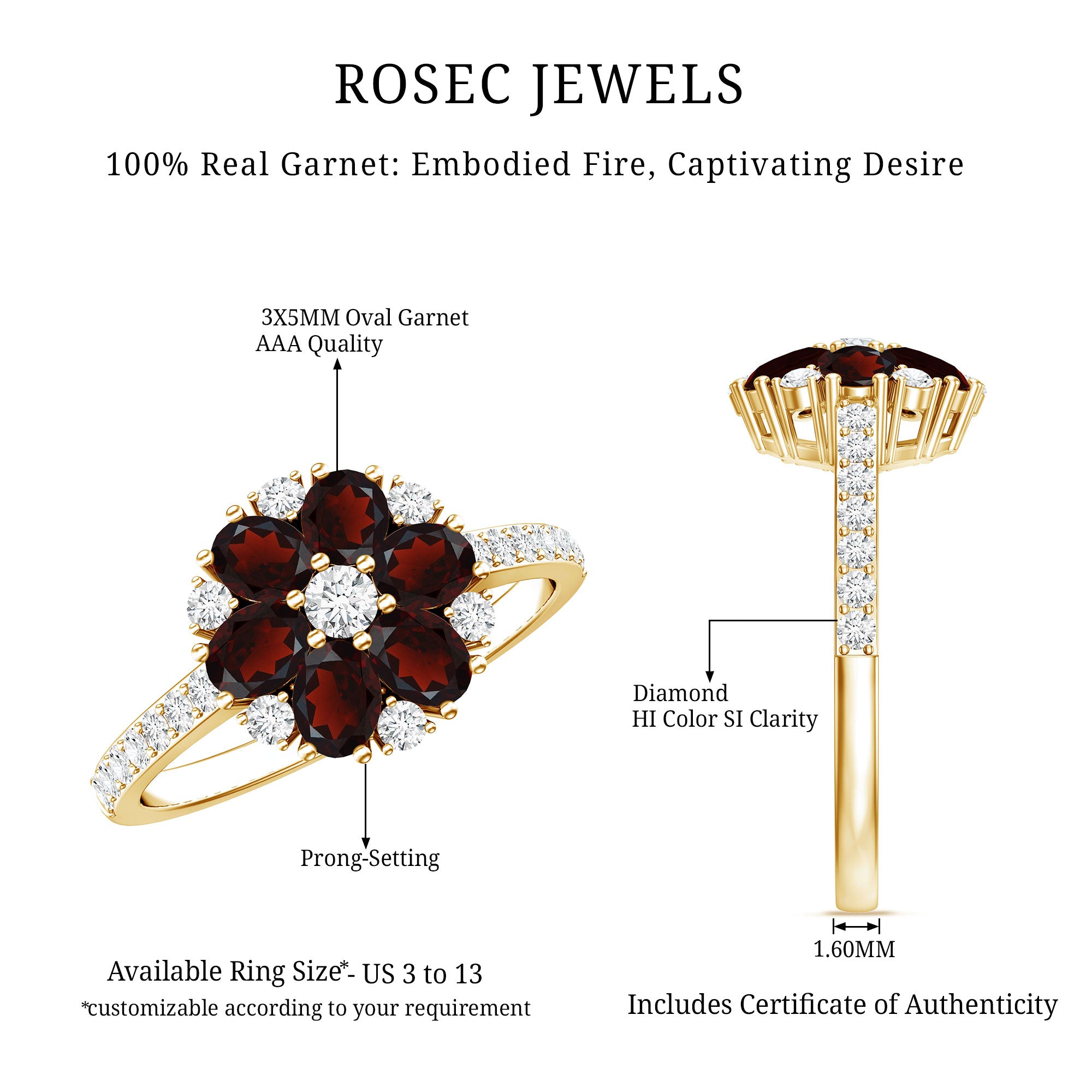 Natural Garnet Flower Engagement Ring with Diamond AAA - Rosec Jewels