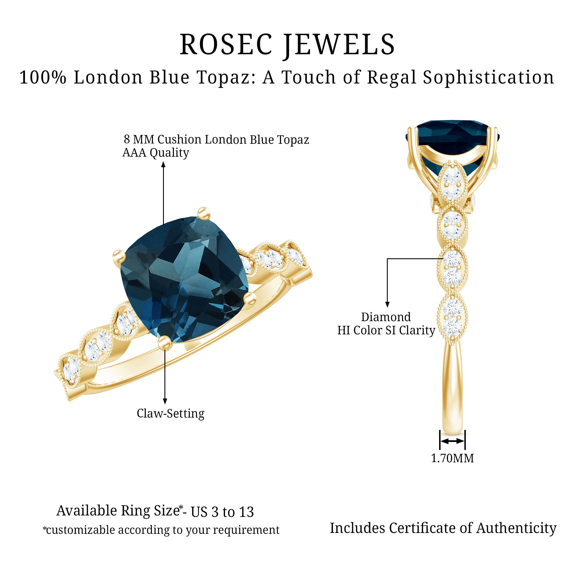 Cushion Cut London Blue Topaz Vintage Engagement Ring with Diamonds AAA - Rosec Jewels