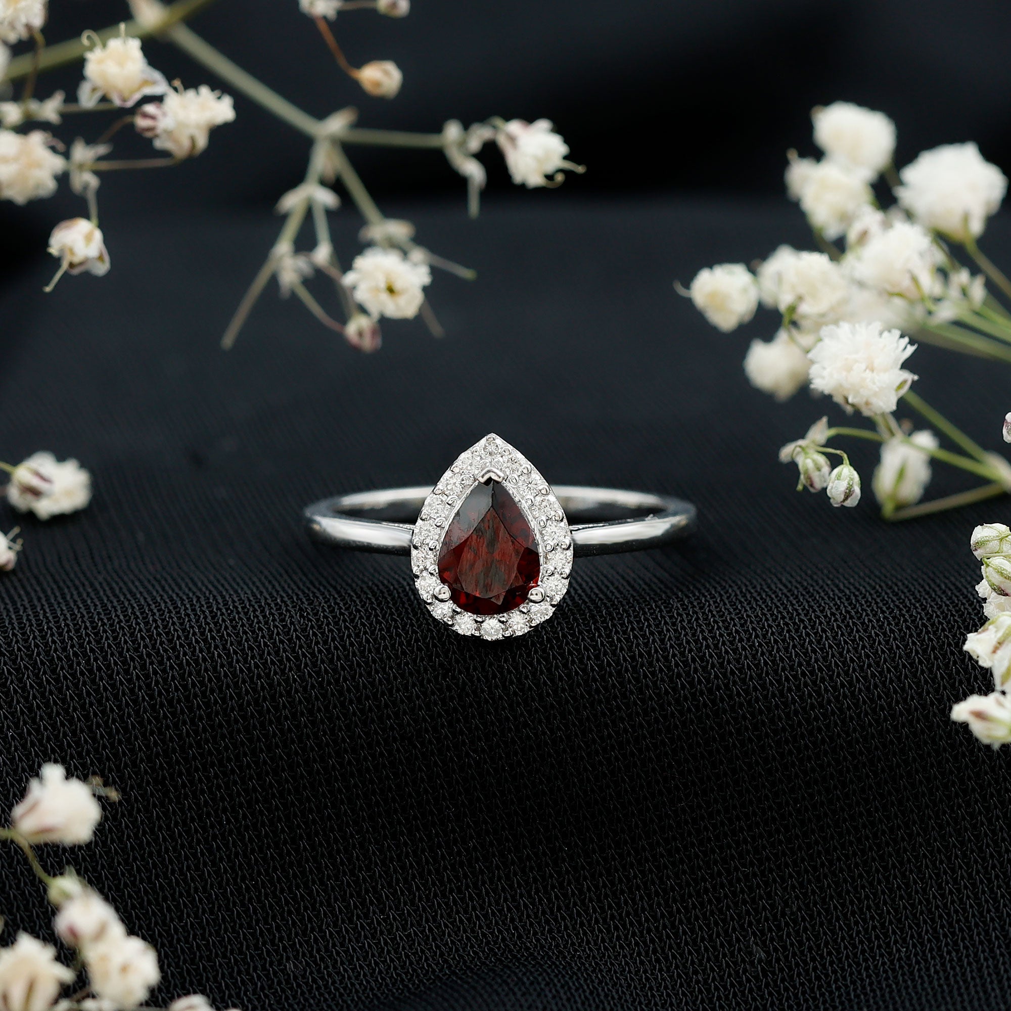 Classic Garnet Teardrop Engagement Ring with Diamond Halo AAA - Rosec Jewels