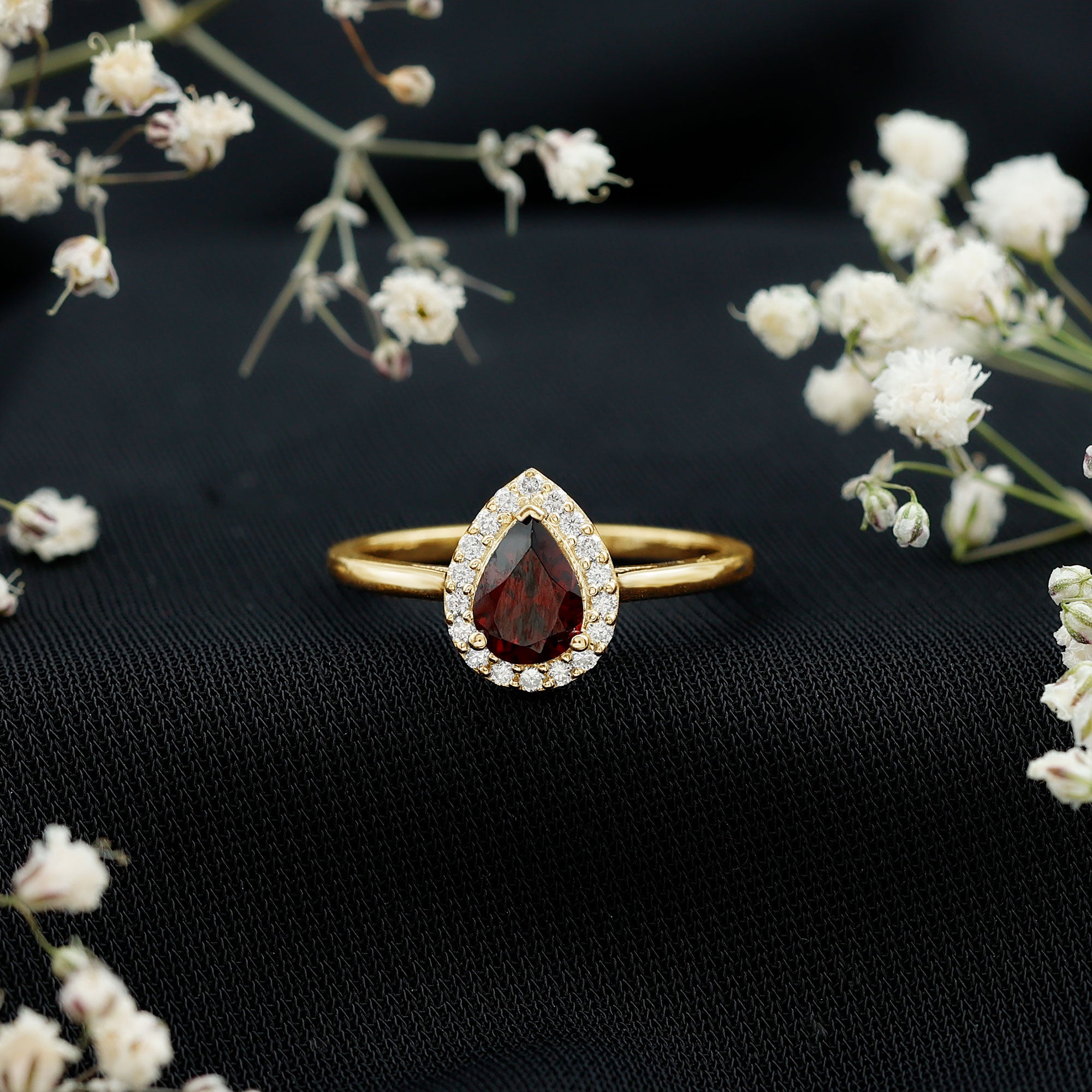 Classic Garnet Teardrop Engagement Ring with Diamond Halo AAA - Rosec Jewels