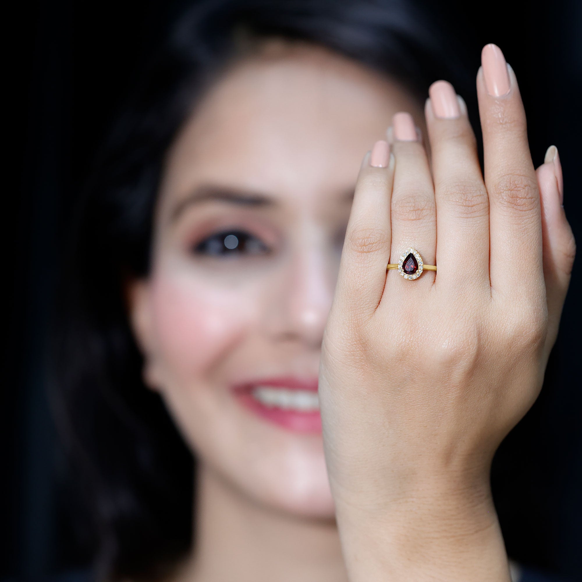 Classic Garnet Teardrop Engagement Ring with Diamond Halo AAA - Rosec Jewels