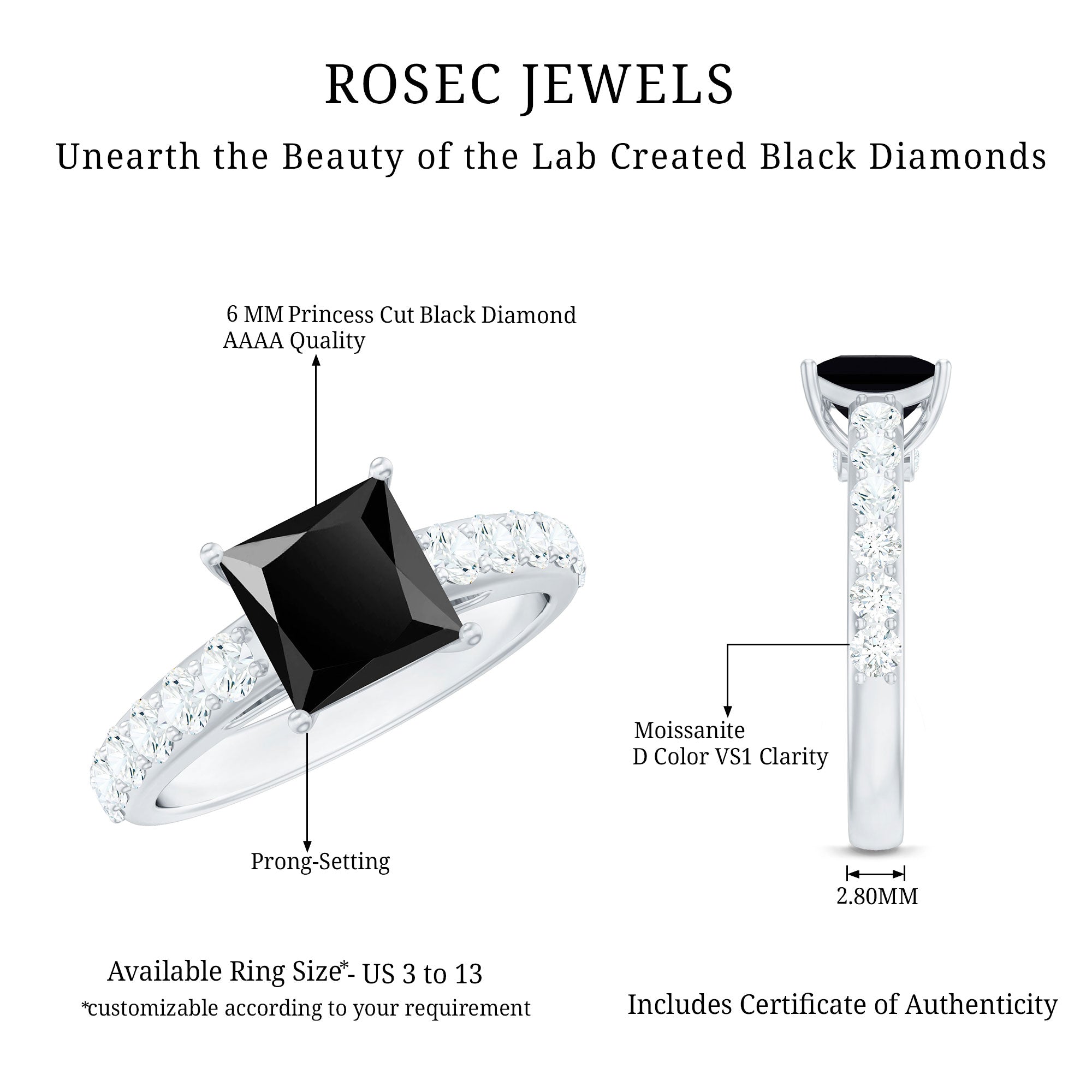 Certified 1 Carat Lab Grown Black Diamond Princess Cut Engagement Ring with Moissanite AAAA ( Synthetic ) - Rosec Jewels
