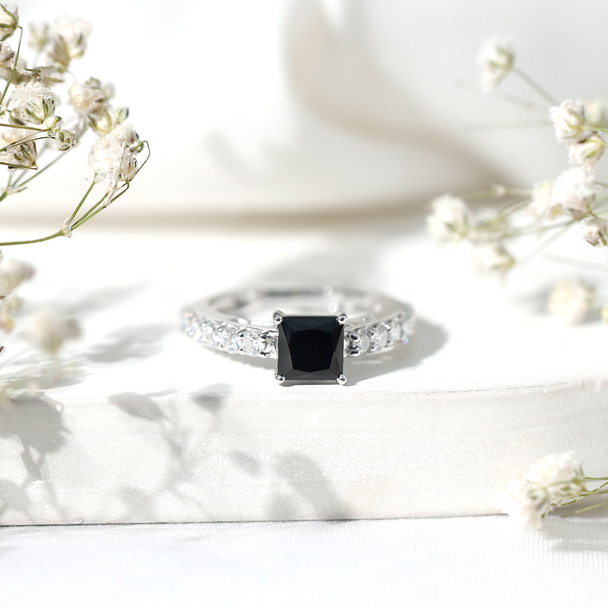 Certified 1 Carat Lab Grown Black Diamond Princess Cut Engagement Ring with Moissanite AAAA ( Synthetic ) - Rosec Jewels