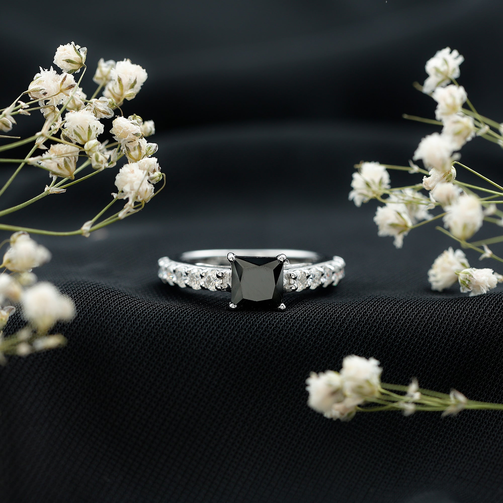 Certified 1 Carat Lab Grown Black Diamond Princess Cut Engagement Ring with Moissanite AAAA ( Synthetic ) - Rosec Jewels