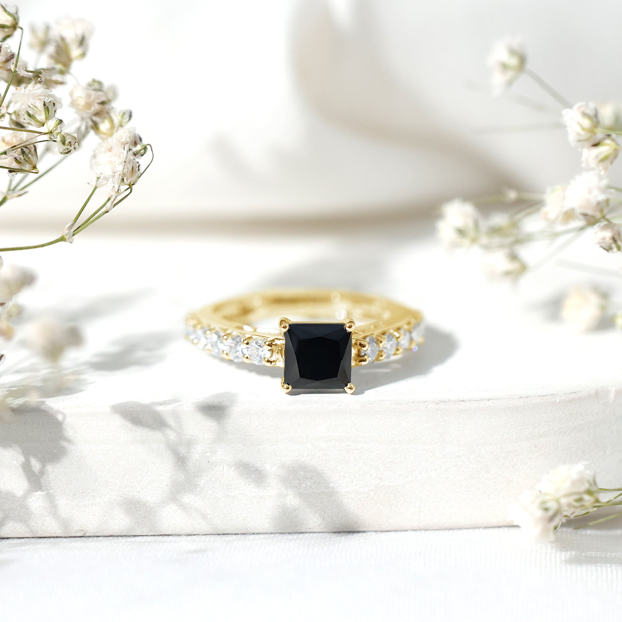 Certified 1 Carat Lab Grown Black Diamond Princess Cut Engagement Ring with Moissanite AAAA ( Synthetic ) - Rosec Jewels