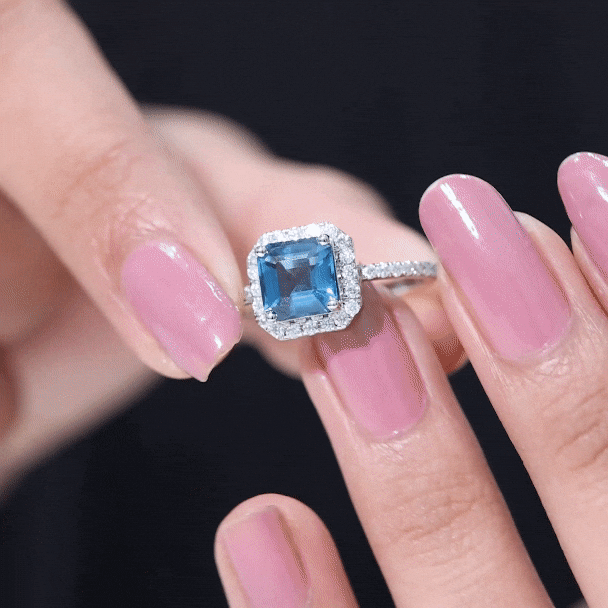 3 Carat Asscher Cut London Blue Topaz Vintage Engagement Ring with Diamond Halo AAA - Rosec Jewels