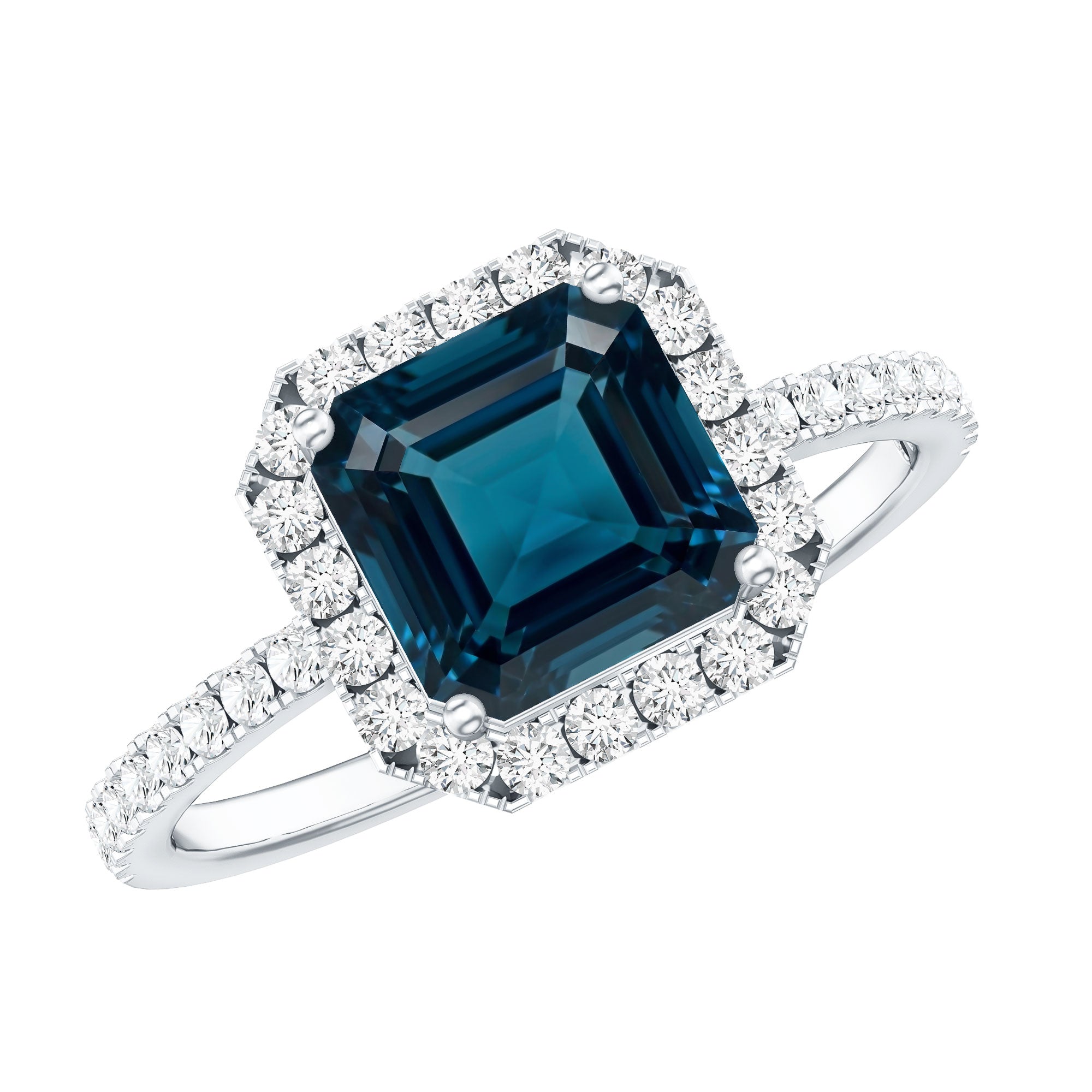 3 Carat Asscher Cut London Blue Topaz Vintage Engagement Ring with Diamond Halo AAA - Rosec Jewels